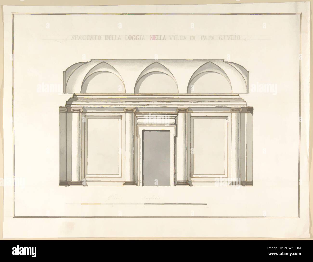 Art inspired by Section of the Loggia in the Villa of Pope Julius III., 1710–27, Pen and brown ink, brush and gray wash, over ruling in graphite, 12-1/4 x 15-7/8 in. (31.1 x 40.4 cm), Drawings, Pietro Paolo Coccetti (Cocchetti) (Italian, documented Rome, 1710–1727, Classic works modernized by Artotop with a splash of modernity. Shapes, color and value, eye-catching visual impact on art. Emotions through freedom of artworks in a contemporary way. A timeless message pursuing a wildly creative new direction. Artists turning to the digital medium and creating the Artotop NFT Stock Photo