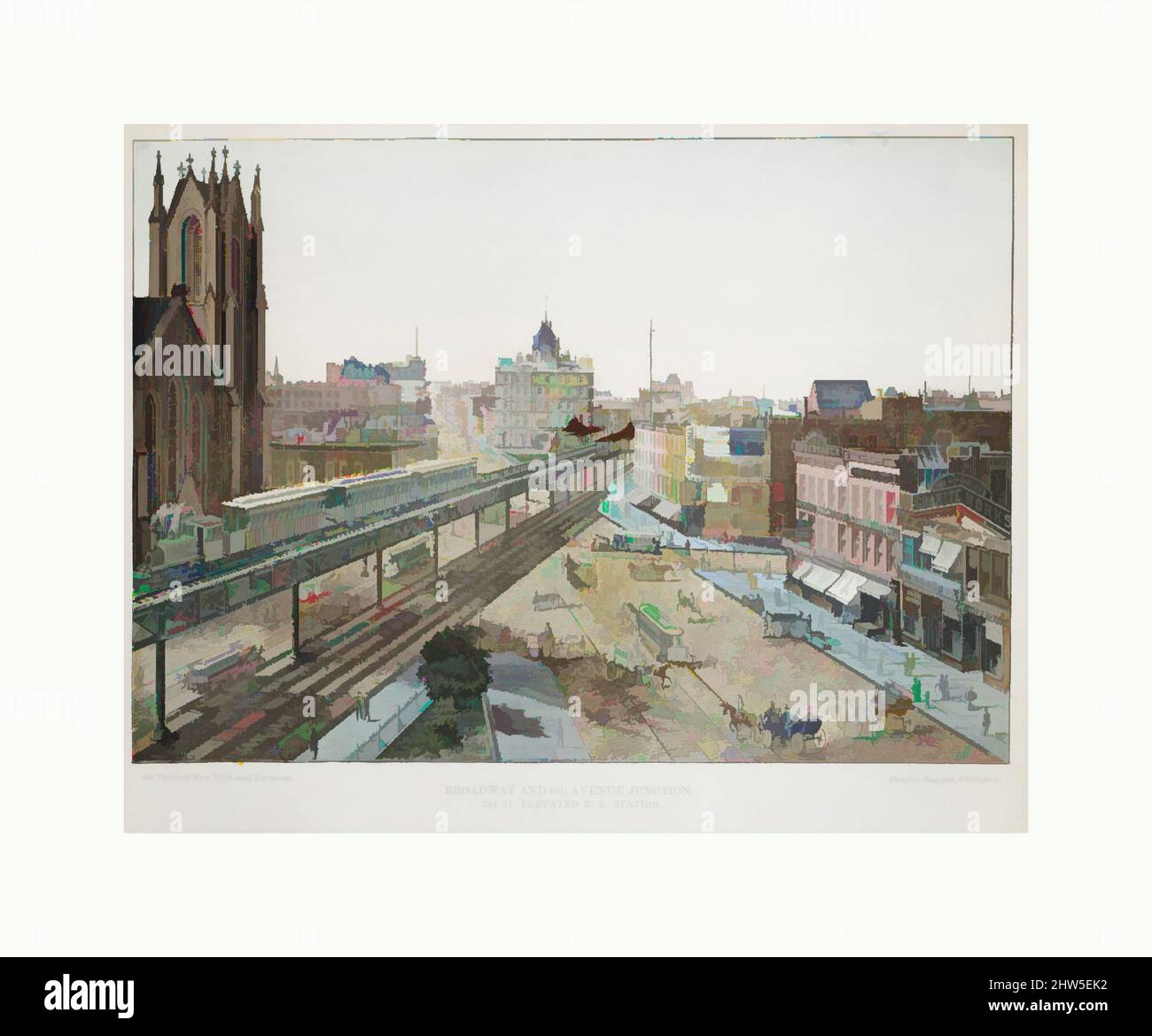 Art inspired by Broadway and 6th Avenue Junction. 33rd St. Elevated R.R. Station, 1850–1900, Wood engraving, hand colored, 11 x 8 1/2 in. (27.9 x 21.6 cm), Prints, Classic works modernized by Artotop with a splash of modernity. Shapes, color and value, eye-catching visual impact on art. Emotions through freedom of artworks in a contemporary way. A timeless message pursuing a wildly creative new direction. Artists turning to the digital medium and creating the Artotop NFT Stock Photo
