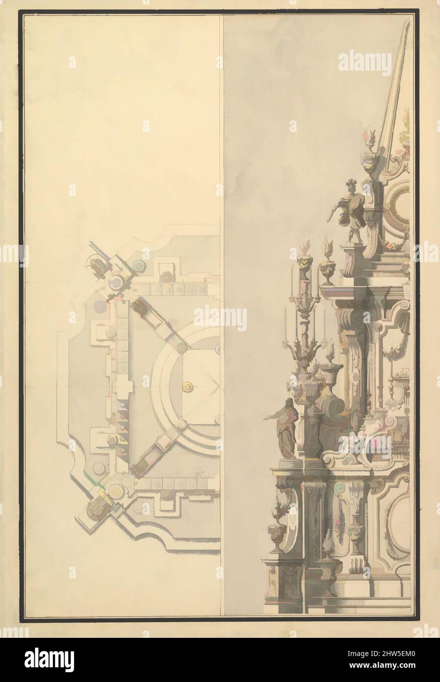 Art inspired by Half Plan and Half Elevation for a Catafalque for Margarita Louisa, Gran Duchess of Tuscany (d. 1721), ca. 1721, Pen, brown ink and grey and yellow washes, 20-3/8 x 14-1/4 in. (51.8 x 36.2 cm), Drawings, Workshop of Giuseppe Galli Bibiena (Italian, Parma 1696–1756 Berlin, Classic works modernized by Artotop with a splash of modernity. Shapes, color and value, eye-catching visual impact on art. Emotions through freedom of artworks in a contemporary way. A timeless message pursuing a wildly creative new direction. Artists turning to the digital medium and creating the Artotop NFT Stock Photo
