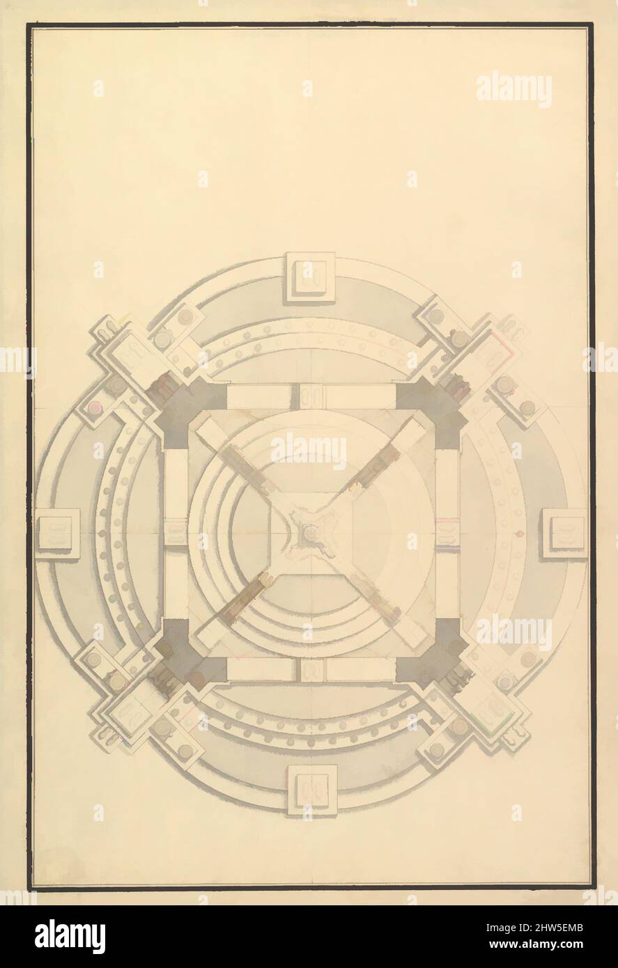 Art inspired by Ground Plan for a Catafalque for an electress of Bavaria, 1696–1756, Pen, brown ink and gray wash, Drawings, Workshop of Giuseppe Galli Bibiena (Italian, Parma 1696–1756 Berlin, Classic works modernized by Artotop with a splash of modernity. Shapes, color and value, eye-catching visual impact on art. Emotions through freedom of artworks in a contemporary way. A timeless message pursuing a wildly creative new direction. Artists turning to the digital medium and creating the Artotop NFT Stock Photo