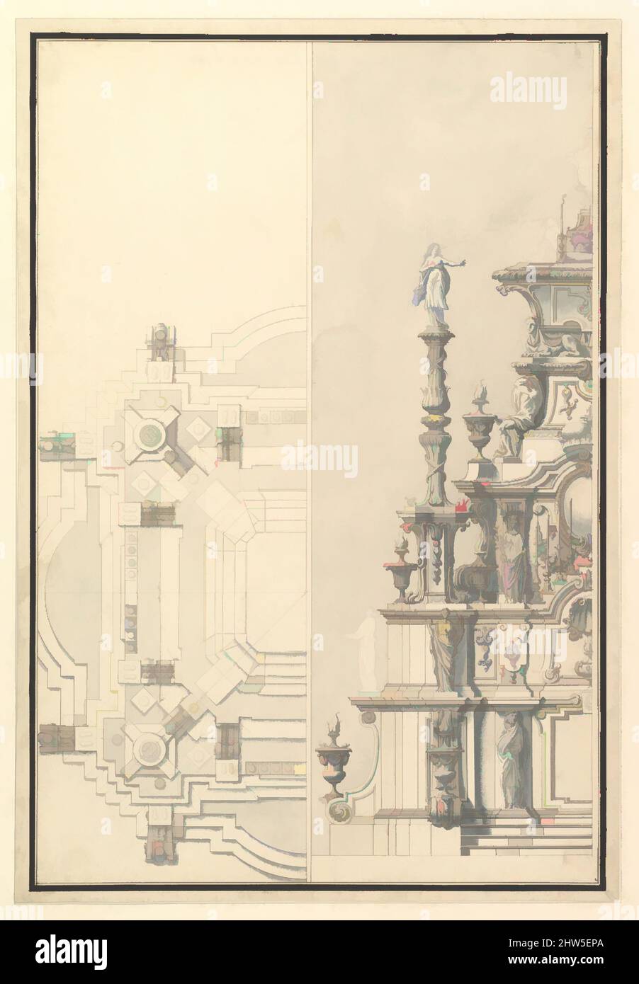 Art inspired by Half Elevation and Half Plan for a Catafalque for Maximilian, Elector of Bavaria, probably Maximilian II Emanuel (1662-1726), 1696–1756, Pen, brown ink and gray wash over black chalk, 18-7/8 x 13 in. (47.9 x 33.0 cm), Drawings, Workshop of Giuseppe Galli Bibiena (, Classic works modernized by Artotop with a splash of modernity. Shapes, color and value, eye-catching visual impact on art. Emotions through freedom of artworks in a contemporary way. A timeless message pursuing a wildly creative new direction. Artists turning to the digital medium and creating the Artotop NFT Stock Photo