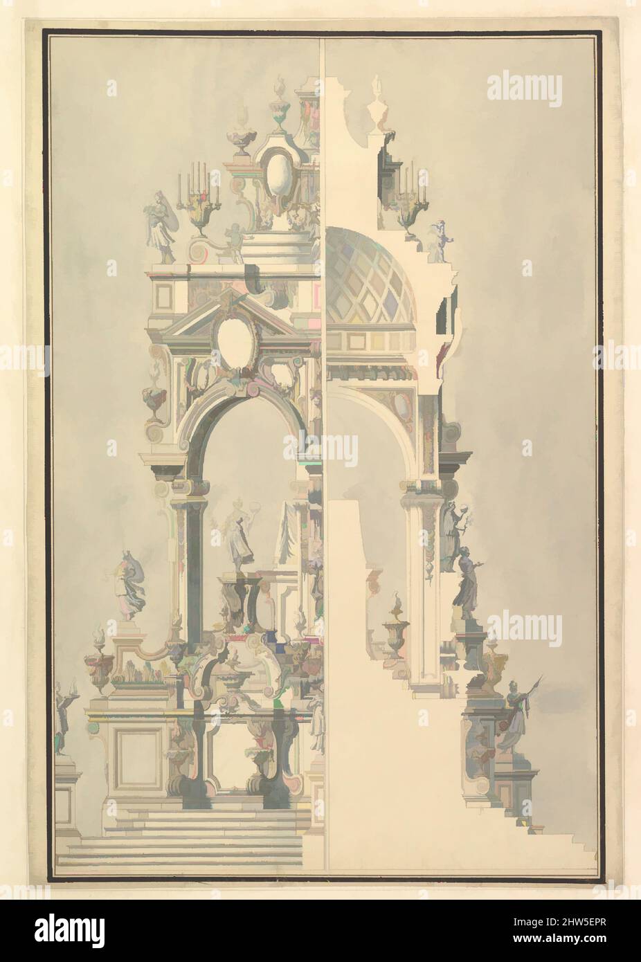 Art inspired by Half Elevation and Half Section of Catafalque for a Duchess of Hanover, probably Sophia (1630-1714), 1696–1756, Pen and brown ink, brush and gray wash, 20-3/4 x 14-1/4 in. (52.7 x 36.2 cm), Drawings, Workshop of Giuseppe Galli Bibiena (Italian, Parma 1696–1756 Berlin, Classic works modernized by Artotop with a splash of modernity. Shapes, color and value, eye-catching visual impact on art. Emotions through freedom of artworks in a contemporary way. A timeless message pursuing a wildly creative new direction. Artists turning to the digital medium and creating the Artotop NFT Stock Photo