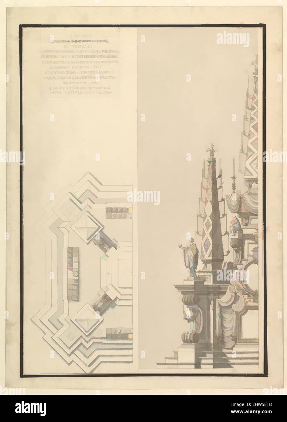 Art inspired by Design for Half Elevation and Half Ground Plan of a Catafalque for Countess Palatine of the Rhine, Theresia Catharine, wife of Count Palatine, Charles Philip III (1716-1742)., around 1742, Pen, brown ink with brown and grey washes, 19-13/16 x 14-7/16 in. (50.3 x 36.7 cm, Classic works modernized by Artotop with a splash of modernity. Shapes, color and value, eye-catching visual impact on art. Emotions through freedom of artworks in a contemporary way. A timeless message pursuing a wildly creative new direction. Artists turning to the digital medium and creating the Artotop NFT Stock Photo