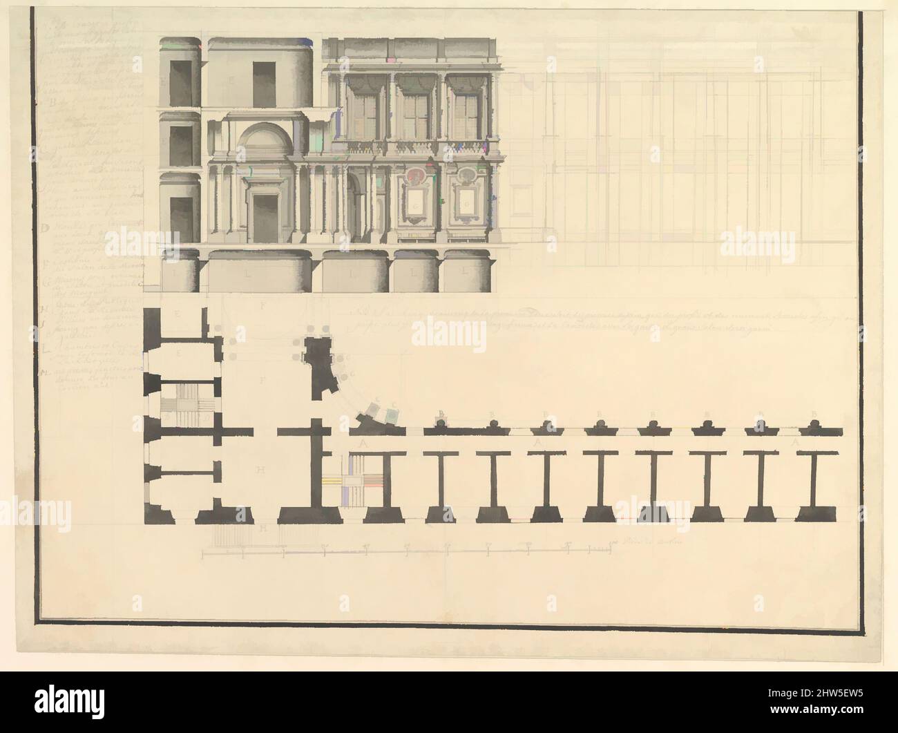 Art inspired by Half Longitudinal Section and Half Plan, ca. 1750, Pen, black ink and wash, Drawings, Workshop of Giuseppe Galli Bibiena (Italian, Parma 1696–1756 Berlin, Classic works modernized by Artotop with a splash of modernity. Shapes, color and value, eye-catching visual impact on art. Emotions through freedom of artworks in a contemporary way. A timeless message pursuing a wildly creative new direction. Artists turning to the digital medium and creating the Artotop NFT Stock Photo