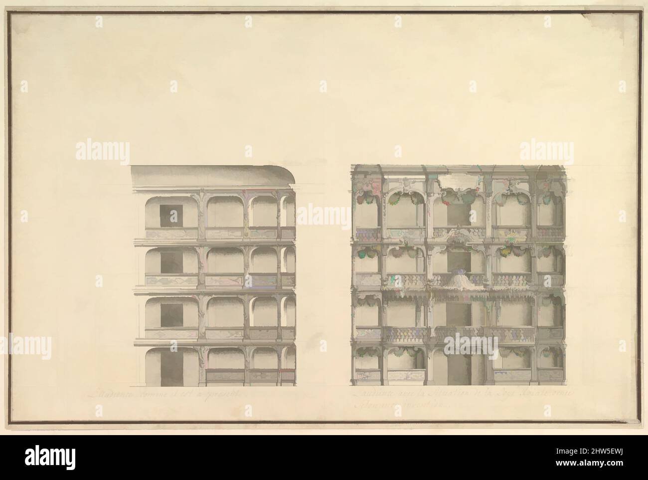 Art inspired by Elevation of Boxes and Royal Box as Presently Constituted and According to New Design, ca. 1750, Pen, grey ink and wash over pencil with color for garlands above royal box, 16-1/8 x 24-3/8 in. (41.0 x 61.9 cm), Drawings, Workshop of Giuseppe Galli Bibiena (Italian, Classic works modernized by Artotop with a splash of modernity. Shapes, color and value, eye-catching visual impact on art. Emotions through freedom of artworks in a contemporary way. A timeless message pursuing a wildly creative new direction. Artists turning to the digital medium and creating the Artotop NFT Stock Photo
