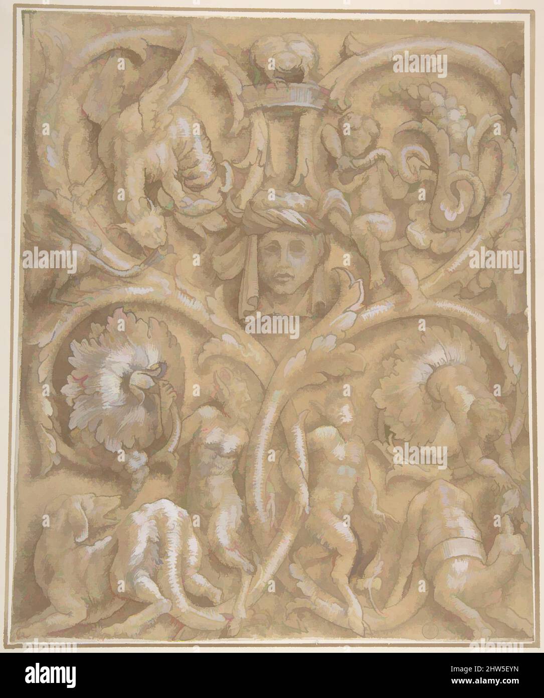Art inspired by Design for an Ornamental Panel with Rinceaux, Satyrs, Putti, Monsters and a Human Head., 1535–45, Pen and brown ink, brush and brown wash on brown ink washed paper, highlighted with white gouache, Sheet: 10 1/2 x 8 3/4 in. (26.7 x 22.2 cm), Attributed to Giulio Campi (, Classic works modernized by Artotop with a splash of modernity. Shapes, color and value, eye-catching visual impact on art. Emotions through freedom of artworks in a contemporary way. A timeless message pursuing a wildly creative new direction. Artists turning to the digital medium and creating the Artotop NFT Stock Photo