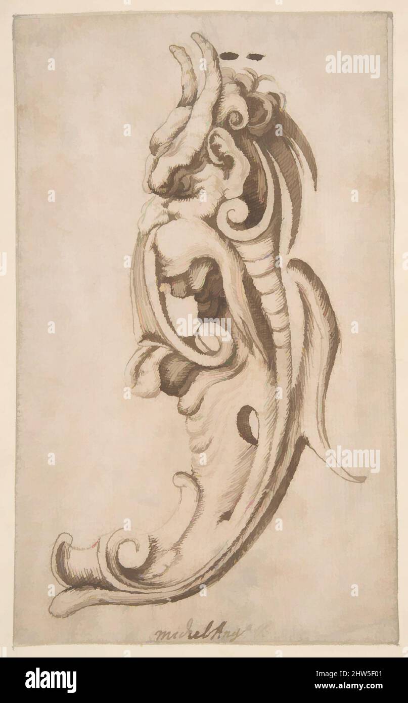 Art inspired by Cartouche in the Form of a Horned Monster's Head in Near Profile View., 1604–87, Pen and brown ink, over traces of graphite, sheet: 6 3/4 x 4 1/8 in. (17.1 x 10.5 cm), Attributed to Michelangelo Colonna (Italian, Ravenna/Como 1604–1687 Bologna, Classic works modernized by Artotop with a splash of modernity. Shapes, color and value, eye-catching visual impact on art. Emotions through freedom of artworks in a contemporary way. A timeless message pursuing a wildly creative new direction. Artists turning to the digital medium and creating the Artotop NFT Stock Photo
