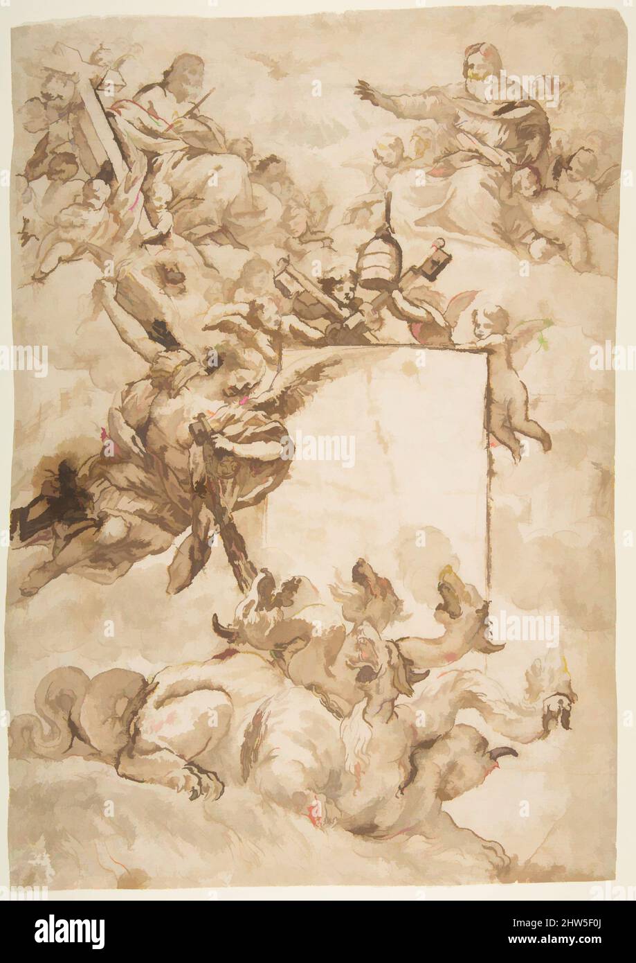 Art inspired by St. Michael Expurging Heresy., 1596–1669, Pen and brown ink, brush and brown wash over traces of black chalk, Sheet: 14 3/4 x 10 5/16 in. (37.4 x 26.2 cm), Drawings, Attributed to Pietro da Cortona (Pietro Berrettini) (Italian, Cortona 1596–1669 Rome, Classic works modernized by Artotop with a splash of modernity. Shapes, color and value, eye-catching visual impact on art. Emotions through freedom of artworks in a contemporary way. A timeless message pursuing a wildly creative new direction. Artists turning to the digital medium and creating the Artotop NFT Stock Photo