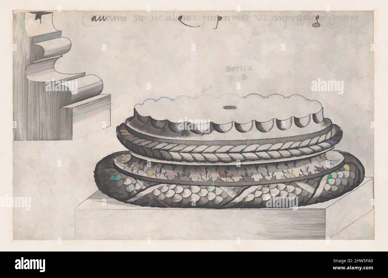 Art inspired by Speculum Romanae Magnificentiae: Doric Base, 1528, Engraving, sheet: 4 7/16 x 6 15/16 in. (11.3 x 17.7 cm), Prints, Agostino Veneziano (Agostino dei Musi) (Italian, Venice ca. 1490–after 1536 Rome, Classic works modernized by Artotop with a splash of modernity. Shapes, color and value, eye-catching visual impact on art. Emotions through freedom of artworks in a contemporary way. A timeless message pursuing a wildly creative new direction. Artists turning to the digital medium and creating the Artotop NFT Stock Photo