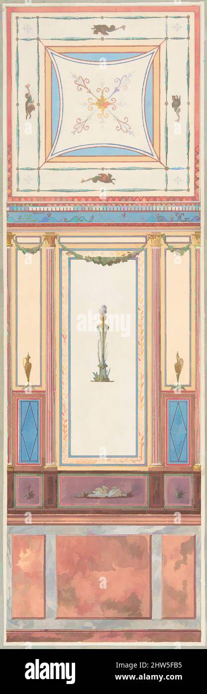 Art inspired by Design for Wall Paneling and Ceiling in Pompeiian Style, Château de Deepdene, 1875–79, Watercolor, 12 7/8 x 4 1/8 in. (32.7 x 10.4 cm), Drawings, Jules-Edmond-Charles Lachaise (French, died 1897), Eugène-Pierre Gourdet (French, born Paris, 1820, Classic works modernized by Artotop with a splash of modernity. Shapes, color and value, eye-catching visual impact on art. Emotions through freedom of artworks in a contemporary way. A timeless message pursuing a wildly creative new direction. Artists turning to the digital medium and creating the Artotop NFT Stock Photo