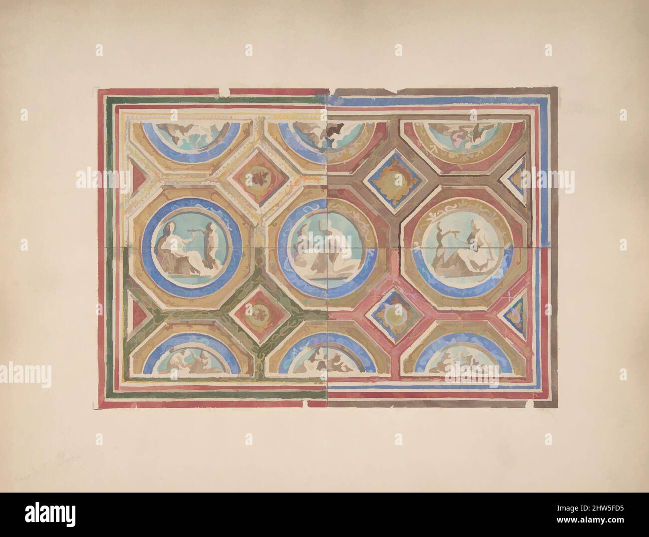 Art inspired by Design for Coffered Ceiling in Four Alternate Color Schemes, Empress Eugenie's Hotel, second half 19th century, Graphite, watercolor, and gilt, 5 3/8 x 7 11/16 in. (13.7 x 19.6 cm), Drawings, Jules-Edmond-Charles Lachaise (French, died 1897), Eugène-Pierre Gourdet (, Classic works modernized by Artotop with a splash of modernity. Shapes, color and value, eye-catching visual impact on art. Emotions through freedom of artworks in a contemporary way. A timeless message pursuing a wildly creative new direction. Artists turning to the digital medium and creating the Artotop NFT Stock Photo