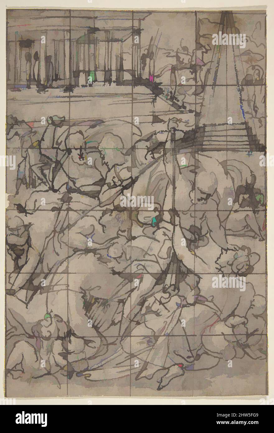 Art inspired by Study for a Massacre of the Innocents, 1560–1636, Black chalk, pen and bistre with gray-brown washes, sheet: 7 3/8 x 5 in. (18.7 x 12.7 cm), Drawings, Circle of Domenico Cresti Passignano (Italian, Florence (Passignano?) 1560–1636, Classic works modernized by Artotop with a splash of modernity. Shapes, color and value, eye-catching visual impact on art. Emotions through freedom of artworks in a contemporary way. A timeless message pursuing a wildly creative new direction. Artists turning to the digital medium and creating the Artotop NFT Stock Photo