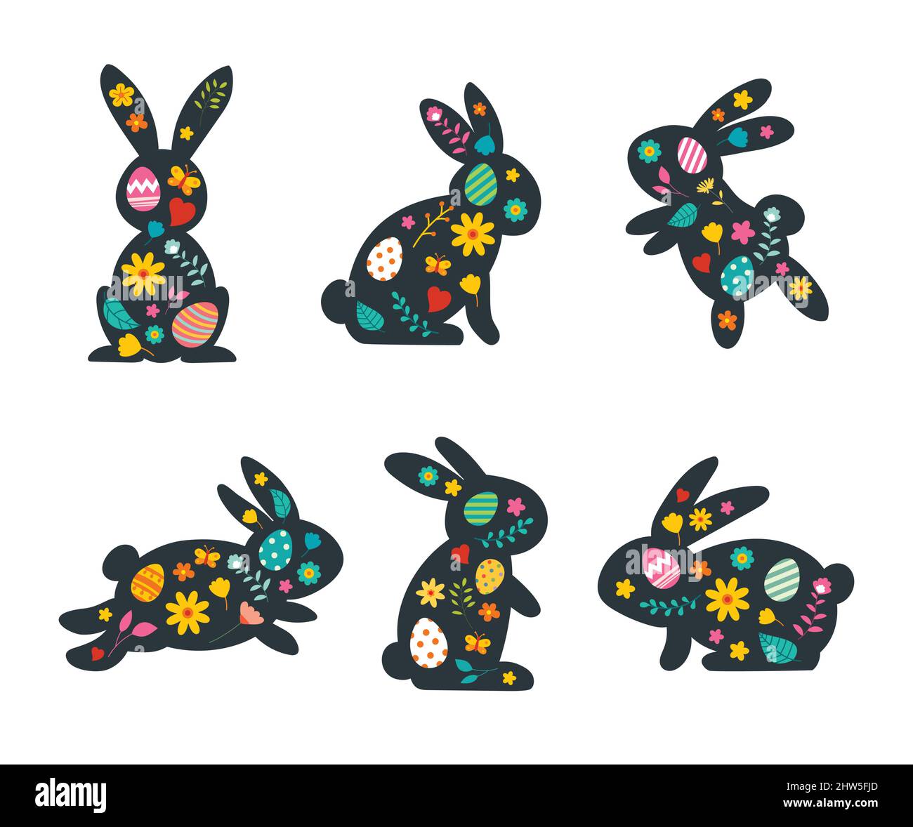 Happy easter rabbits and decorated with flowers. Stock Vector