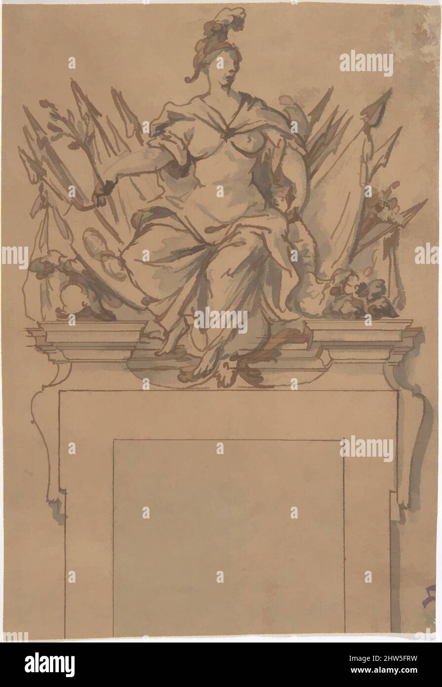 Art inspired by Design for an Overdoor or Chimney Piece with an Armorial Trophy and the personification of Victory, 18th century, Pen and wash, sheet: 4 3/8 x 6 in. (11.1 x 15.2 cm), Anonymous, French, 18th century, Classic works modernized by Artotop with a splash of modernity. Shapes, color and value, eye-catching visual impact on art. Emotions through freedom of artworks in a contemporary way. A timeless message pursuing a wildly creative new direction. Artists turning to the digital medium and creating the Artotop NFT Stock Photo