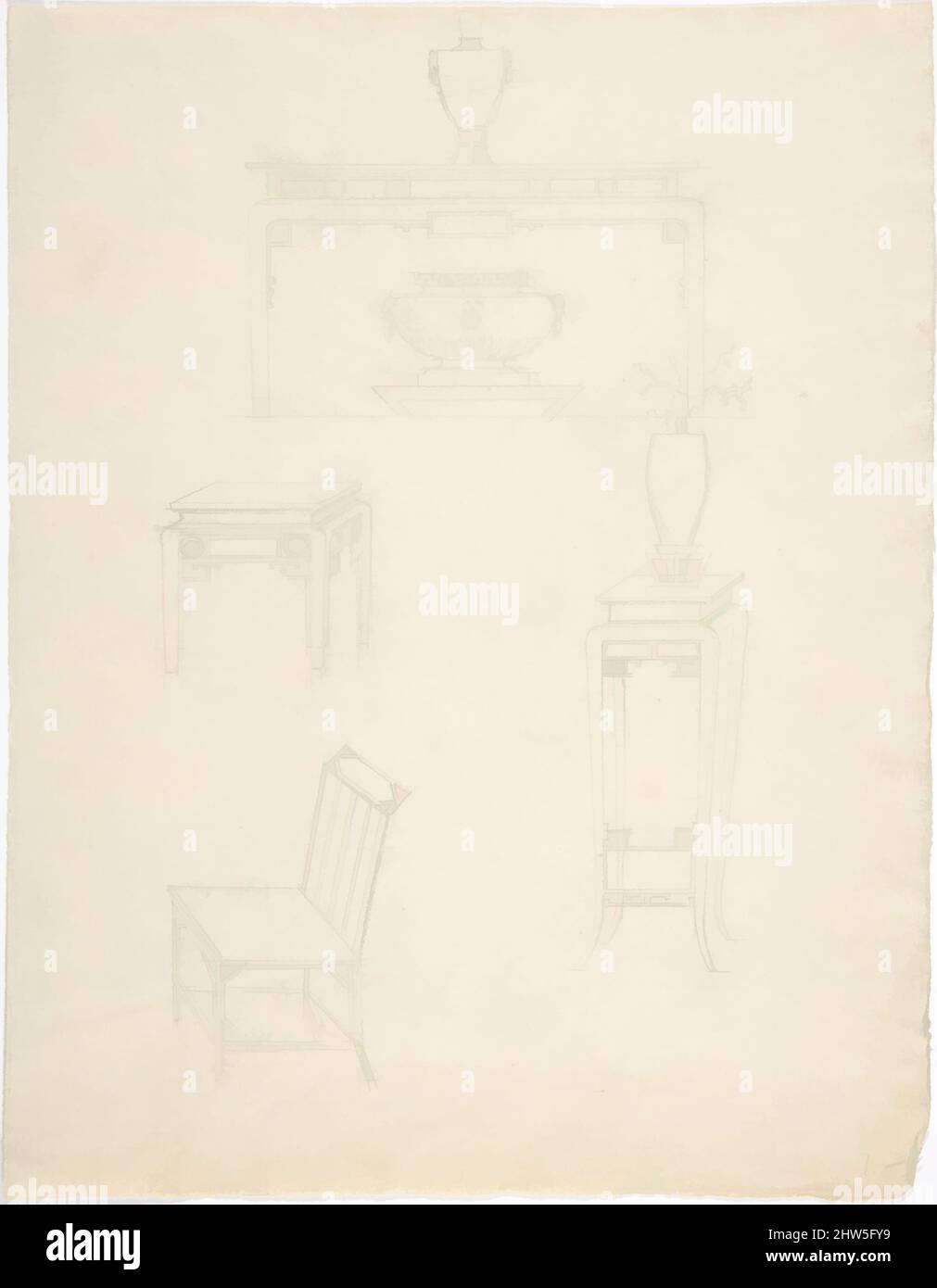 Art inspired by Designs for Chinoiserie Furniture: Three Tables and a Prie-Dieu, ca. 1800, Leadpoint, sheet: 9 7/8 x 7 5/8 in. (25.1 x 19.4 cm), Anonymous, Italian, 18th or early 19th century, Classic works modernized by Artotop with a splash of modernity. Shapes, color and value, eye-catching visual impact on art. Emotions through freedom of artworks in a contemporary way. A timeless message pursuing a wildly creative new direction. Artists turning to the digital medium and creating the Artotop NFT Stock Photo
