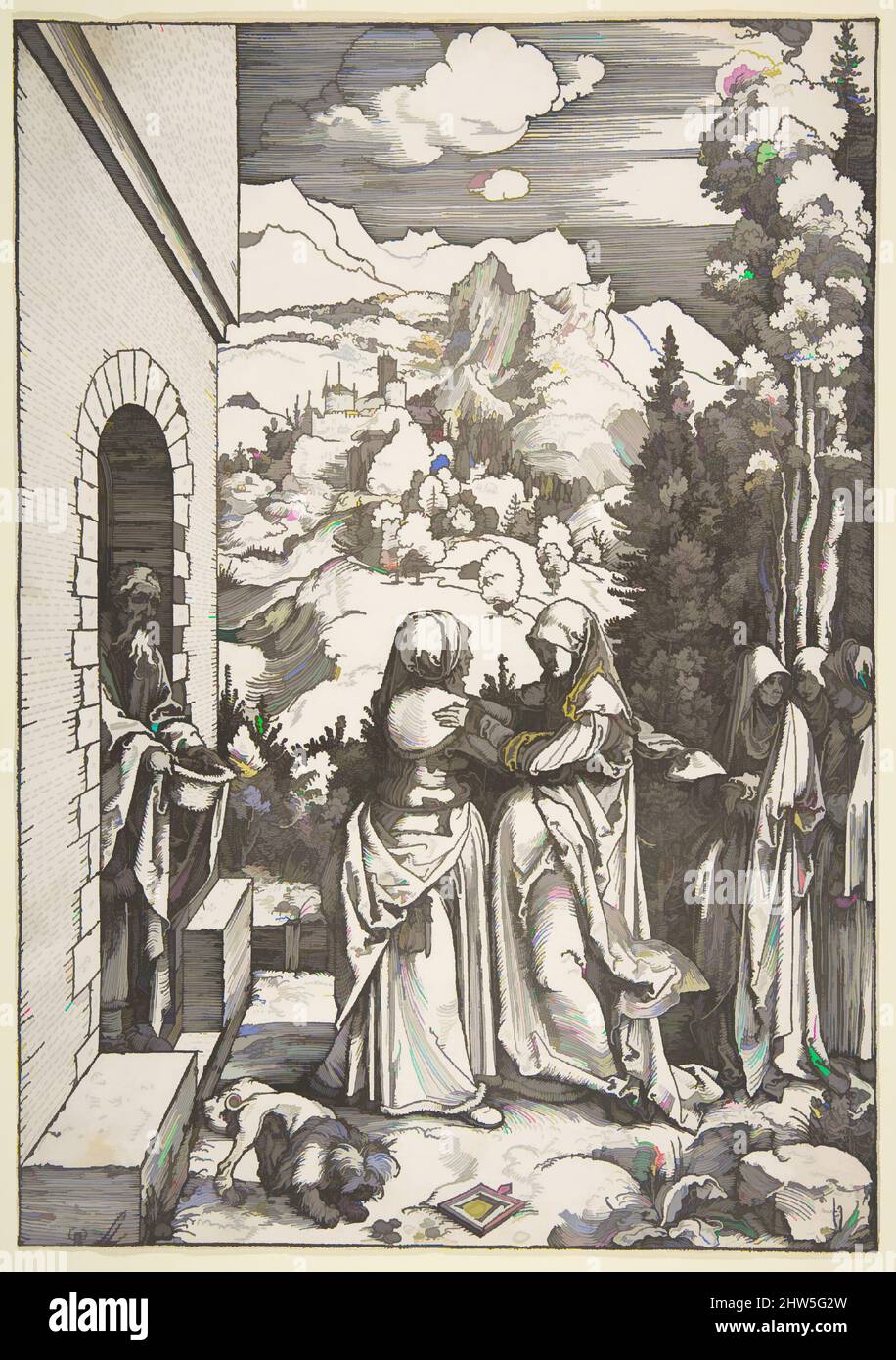 Art inspired by The Visitation, from The Life of the Virgin, 1503–4, Woodcut, sheet: 11 15/16 x 8 5/16in. (30.3 x 21.1cm), Prints, Albrecht Dürer (German, Nuremberg 1471–1528 Nuremberg, Classic works modernized by Artotop with a splash of modernity. Shapes, color and value, eye-catching visual impact on art. Emotions through freedom of artworks in a contemporary way. A timeless message pursuing a wildly creative new direction. Artists turning to the digital medium and creating the Artotop NFT Stock Photo