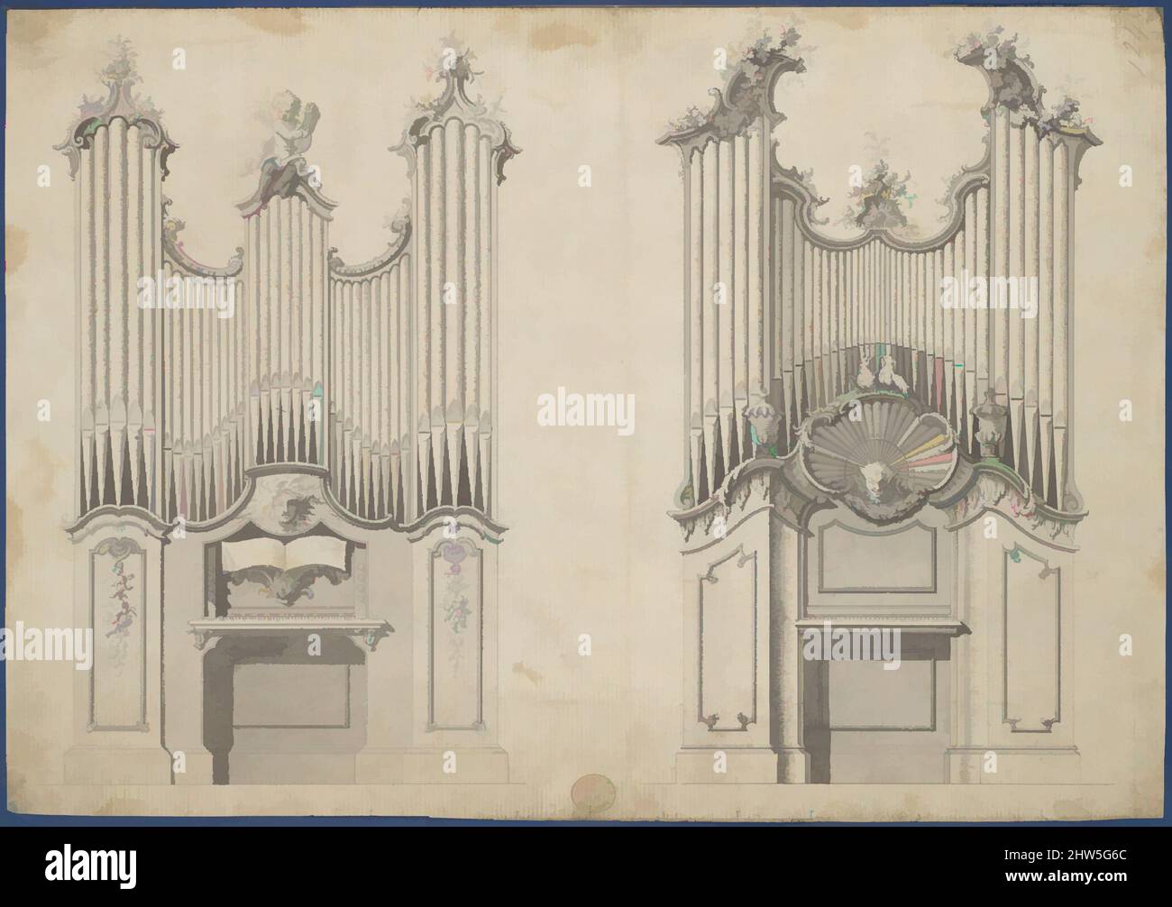 Art inspired by Chamber Organs, from Chippendale Drawings, Vol. II, ca. 1753–54, Black ink, gray wash, sheet: 9 x 12 7/8 in. (22.9 x 32.6 cm), Thomas Chippendale (British, baptised Otley, West Yorkshire 1718–1779 London, Classic works modernized by Artotop with a splash of modernity. Shapes, color and value, eye-catching visual impact on art. Emotions through freedom of artworks in a contemporary way. A timeless message pursuing a wildly creative new direction. Artists turning to the digital medium and creating the Artotop NFT Stock Photo