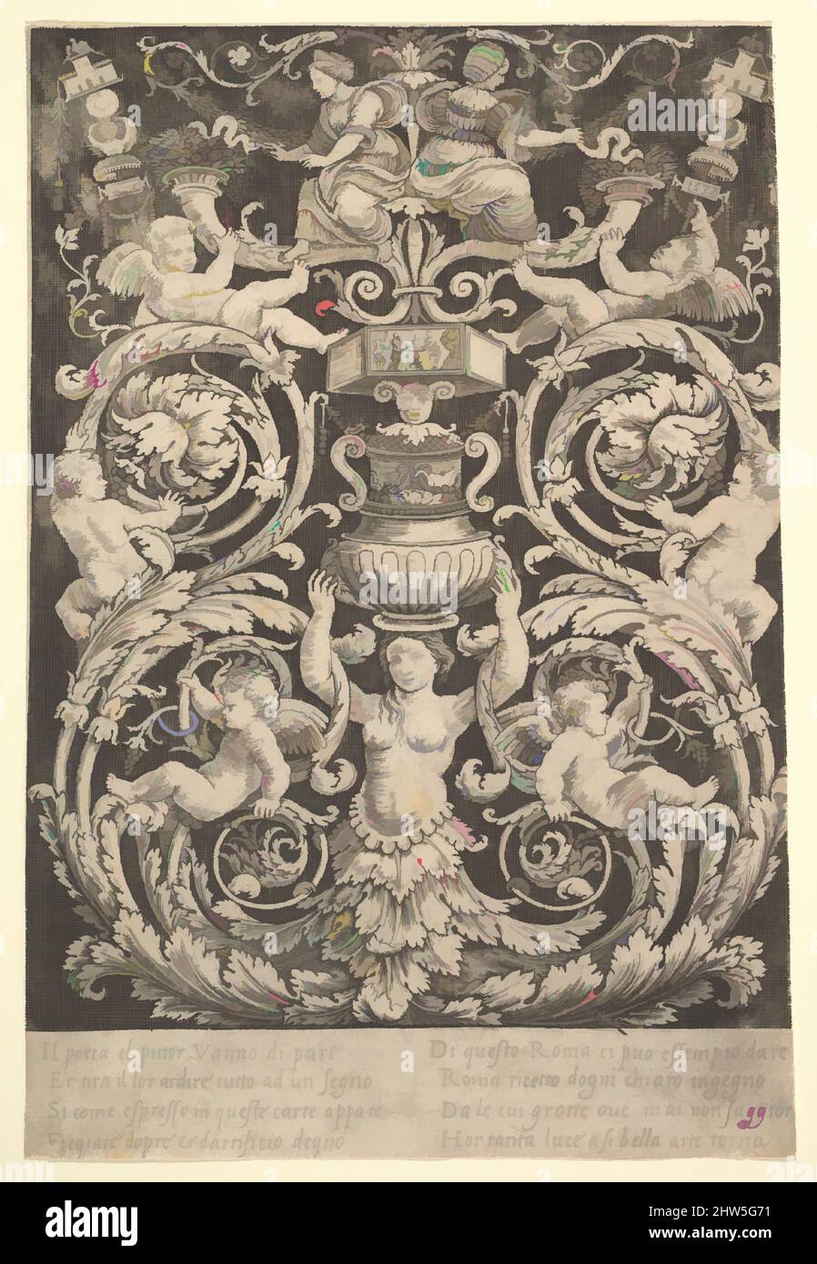Art inspired by A panel of ornament with a woman holding a vase in centre, 1532, Engraving, 22.5 x 15.3 cm (including text), 20 x 15.5 cm (image only), Prints, Master of the Die (Italian, active Rome, ca. 1530–60), After Perino del Vaga (Pietro Buonaccorsi) (Italian, Florence 1501–1547, Classic works modernized by Artotop with a splash of modernity. Shapes, color and value, eye-catching visual impact on art. Emotions through freedom of artworks in a contemporary way. A timeless message pursuing a wildly creative new direction. Artists turning to the digital medium and creating the Artotop NFT Stock Photo