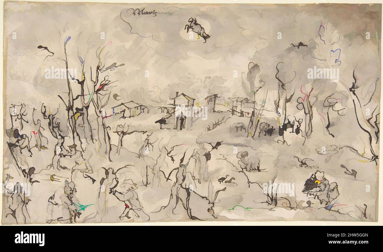 Art inspired by Landscape with Figures Trimming Trees, an Allegory of the Month of March; Verso: Mountainous Landscape with Two Men Crossing a Bridge, mid-16th–early 17th century, Pen and brown ink, brush and gray wash, over traces of black chalk., sheet: 6 3/8 x 10 11/16 in. (16.2 x, Classic works modernized by Artotop with a splash of modernity. Shapes, color and value, eye-catching visual impact on art. Emotions through freedom of artworks in a contemporary way. A timeless message pursuing a wildly creative new direction. Artists turning to the digital medium and creating the Artotop NFT Stock Photo