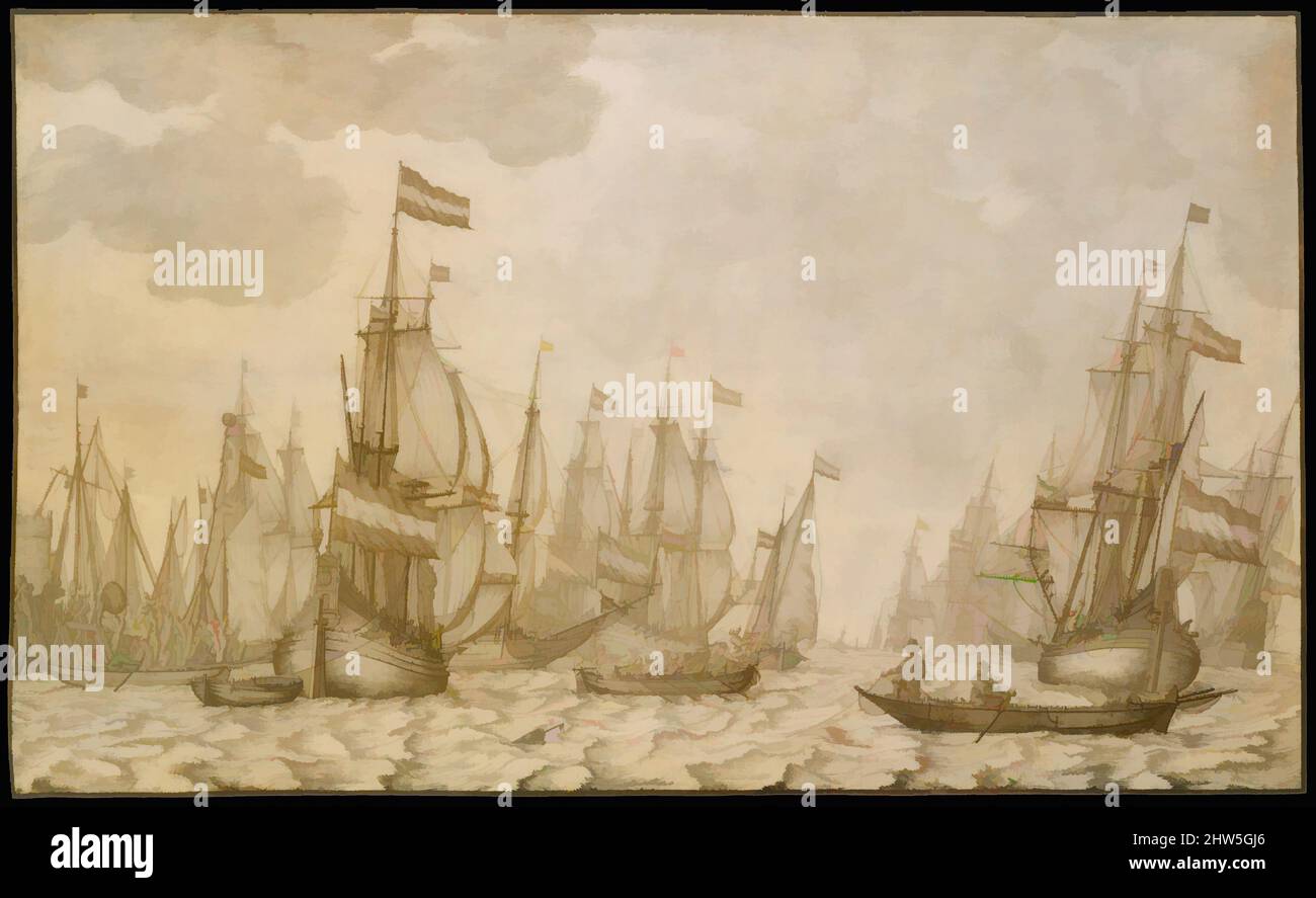 Art inspired by Dutch Ships on a Harbour, 17th century, Pen and brown ink, brush and gray wash, on vellum, sheet: 11 5/8 x 19 1/8 in. (29.5 x 48.5 cm), Drawings, Willem van de Velde I (Dutch, Leiden 1611–1693 London, Classic works modernized by Artotop with a splash of modernity. Shapes, color and value, eye-catching visual impact on art. Emotions through freedom of artworks in a contemporary way. A timeless message pursuing a wildly creative new direction. Artists turning to the digital medium and creating the Artotop NFT Stock Photo