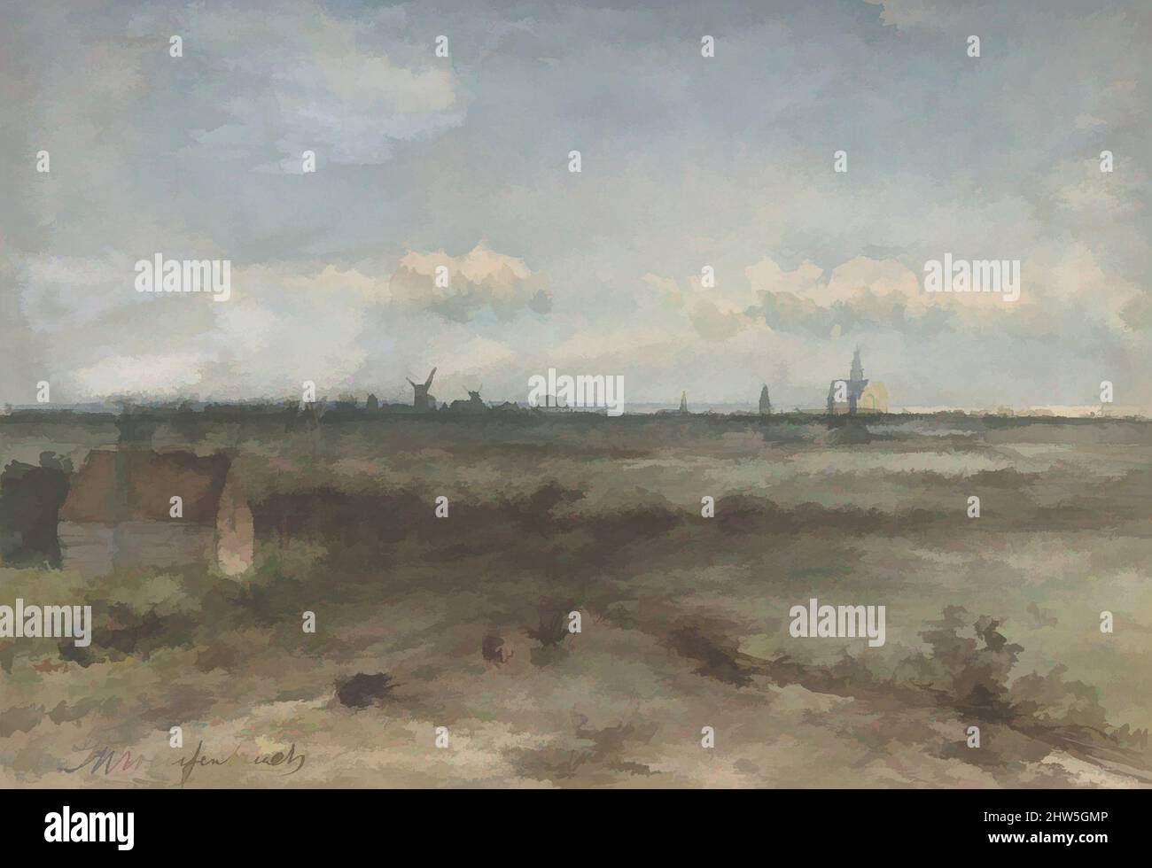 Art inspired by View of Haarlem from the Dunes, mid-19th–early 20th century, Watercolour on paper, sheet: 8 15/16 x 13 in. (22.7 x 33 cm), Drawings, Jan Hendrik Weissenbruch (Dutch, The Hague 1824–1903 The Hague, Classic works modernized by Artotop with a splash of modernity. Shapes, color and value, eye-catching visual impact on art. Emotions through freedom of artworks in a contemporary way. A timeless message pursuing a wildly creative new direction. Artists turning to the digital medium and creating the Artotop NFT Stock Photo