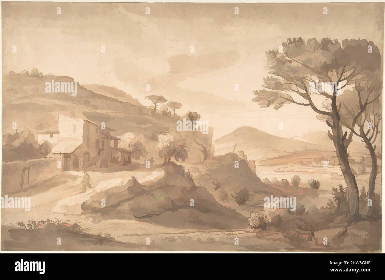 Art inspired by Italianate River Landscape with an Inn, mid-17th–mid-18th century, Pen and brown ink, brush and brown wash, over red chalk. Traces of framing line in pen and brown ink., sheet: 10 1/2 x 16 1/16 in. (26.7 x 40.8 cm), Drawings, Gaspar Adriaensz. van Wittel (Dutch, Classic works modernized by Artotop with a splash of modernity. Shapes, color and value, eye-catching visual impact on art. Emotions through freedom of artworks in a contemporary way. A timeless message pursuing a wildly creative new direction. Artists turning to the digital medium and creating the Artotop NFT Stock Photo