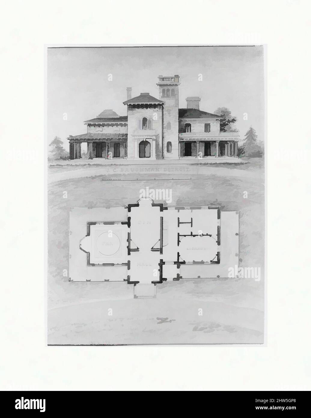 Art inspired by The J. C. Baughman (Scotten) House, Detroit, Michigan (front elevation and plan), 1835–92, Pen and ink and watercolor over graphite, Drawings, Alexander Jackson Davis (American, New York 1803–1892 West Orange, New Jersey, Classic works modernized by Artotop with a splash of modernity. Shapes, color and value, eye-catching visual impact on art. Emotions through freedom of artworks in a contemporary way. A timeless message pursuing a wildly creative new direction. Artists turning to the digital medium and creating the Artotop NFT Stock Photo