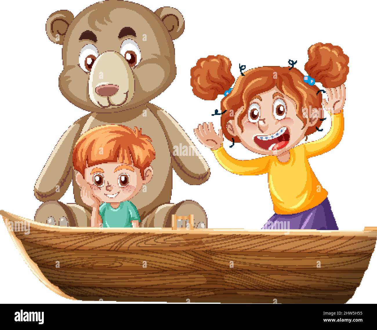 Boy and girl and teddy bear sitting on a boat on a white background illustration Stock Vector