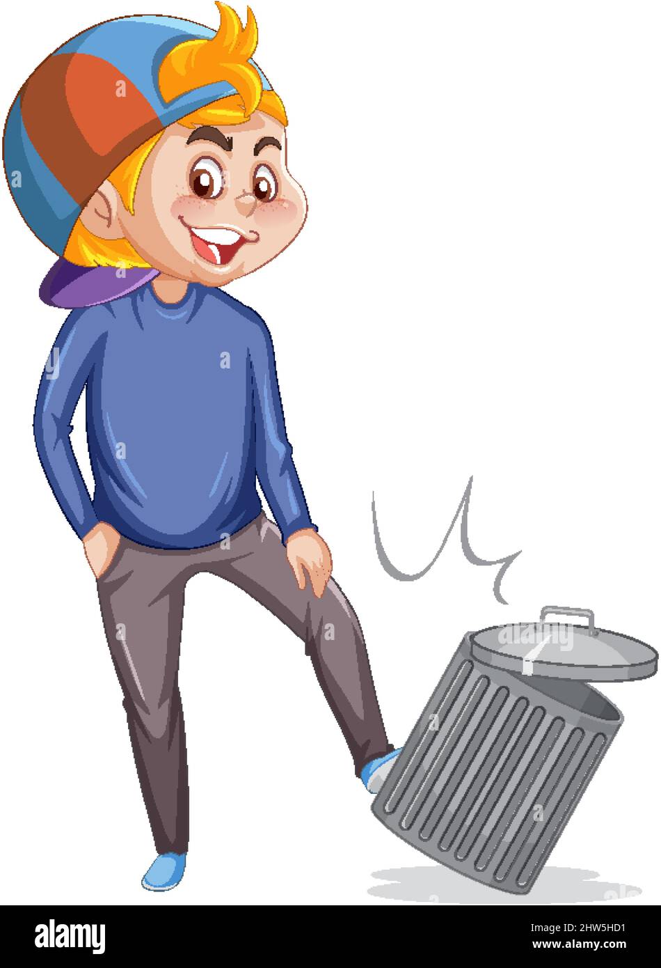 Teenager kicking a trash can on a white background illustration Stock