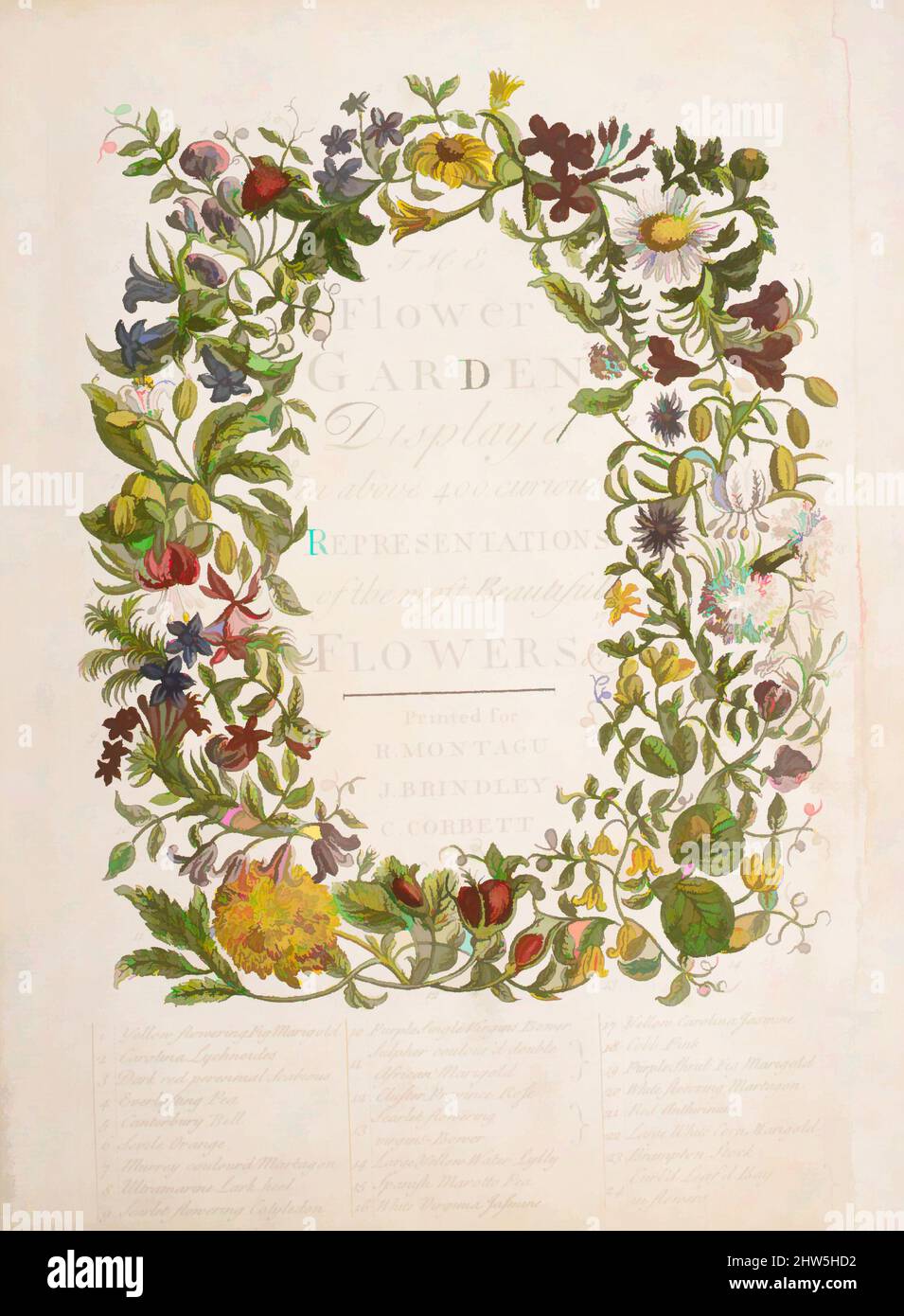 Art inspired by The Flower-Garden Display'd, In Above Four Hundred Curious Representations Of the Most Beautiful Flowers; Regularly Dispos'd in the Respective Months of Their Bloom, 1734, Illustrations: hand-colored etching and engraving, Book: 9 7/8 x 7 13/16 x 7/8 in. (25.1 x 19.8 x, Classic works modernized by Artotop with a splash of modernity. Shapes, color and value, eye-catching visual impact on art. Emotions through freedom of artworks in a contemporary way. A timeless message pursuing a wildly creative new direction. Artists turning to the digital medium and creating the Artotop NFT Stock Photo