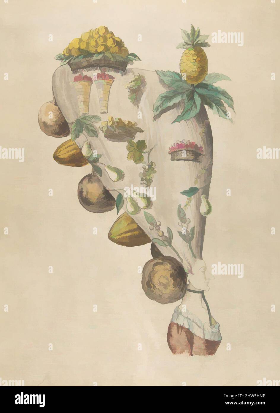 Art inspired by Fantastic Hairdresses with Fruit and Vegetable Motifs, 18th century, Watercolor on canvas laid down on board, 17 1/4 x 22 in. (43.8 x 55.9 cm), Drawings, Anonymous, French, 18th century, Classic works modernized by Artotop with a splash of modernity. Shapes, color and value, eye-catching visual impact on art. Emotions through freedom of artworks in a contemporary way. A timeless message pursuing a wildly creative new direction. Artists turning to the digital medium and creating the Artotop NFT Stock Photo