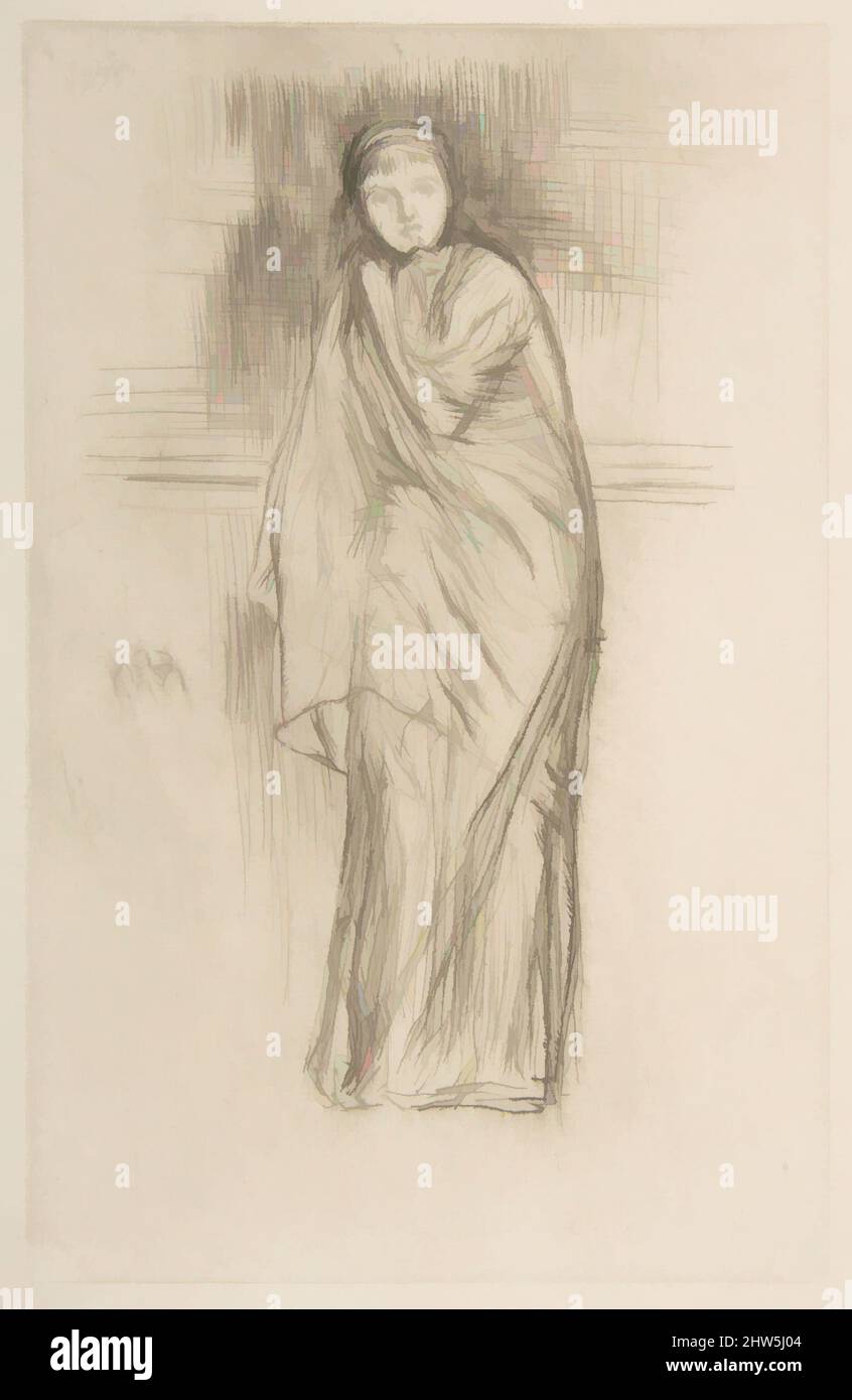 Art inspired by The Model Resting (Draped Model), 1870, Drypoint; ninth state of eleven (Glasgow); Printed in black ink on ivory laid paper with watermark: Arms of Ansterdam, image: 8 1/8 x 5 1/8 in. (20.7 x 13 cm), Prints, James McNeill Whistler (American, Lowell, Massachusetts 1834–, Classic works modernized by Artotop with a splash of modernity. Shapes, color and value, eye-catching visual impact on art. Emotions through freedom of artworks in a contemporary way. A timeless message pursuing a wildly creative new direction. Artists turning to the digital medium and creating the Artotop NFT Stock Photo