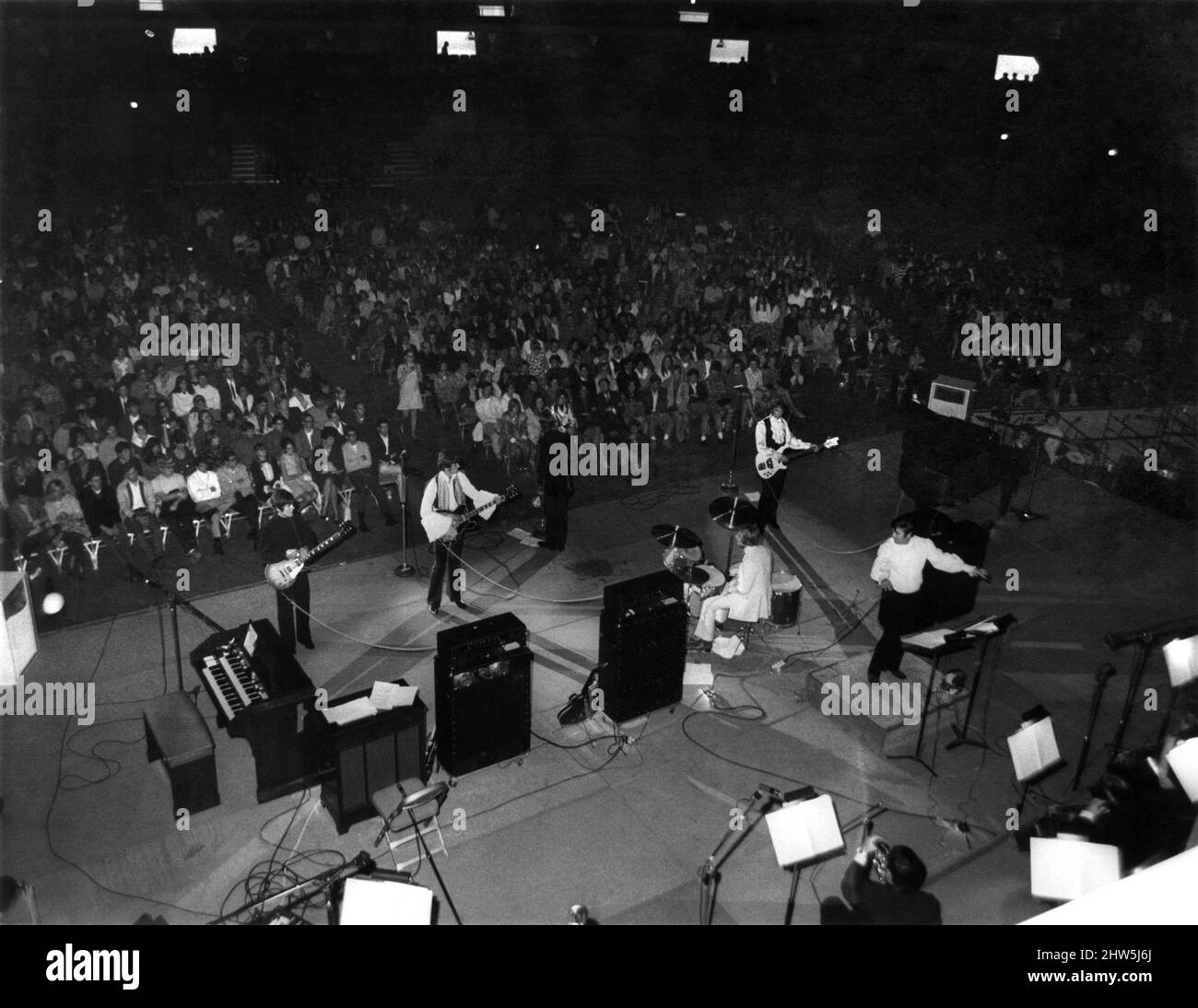 A general scene showing the Bee Gees during their performance at the Anaheim Convention Centre in California, USA. February 1968. Stock Photo