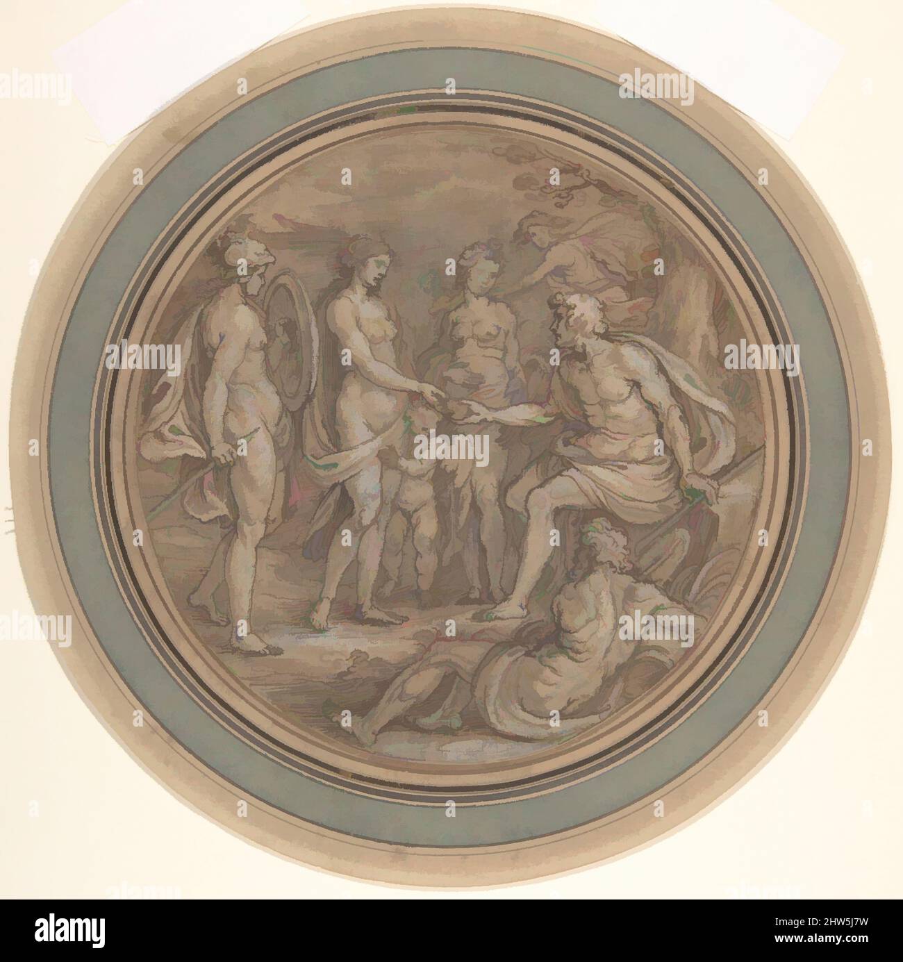 Art inspired by The Judgment of Paris, late 16th–mid 17th century, Pen and brown ink and wash, heightened with white, over black chalk, 7 inches in diameter (17.7 cm), Drawings, Pieter de Jode I (Netherlandish, Antwerp 1570–Antwerp 1634, Classic works modernized by Artotop with a splash of modernity. Shapes, color and value, eye-catching visual impact on art. Emotions through freedom of artworks in a contemporary way. A timeless message pursuing a wildly creative new direction. Artists turning to the digital medium and creating the Artotop NFT Stock Photo