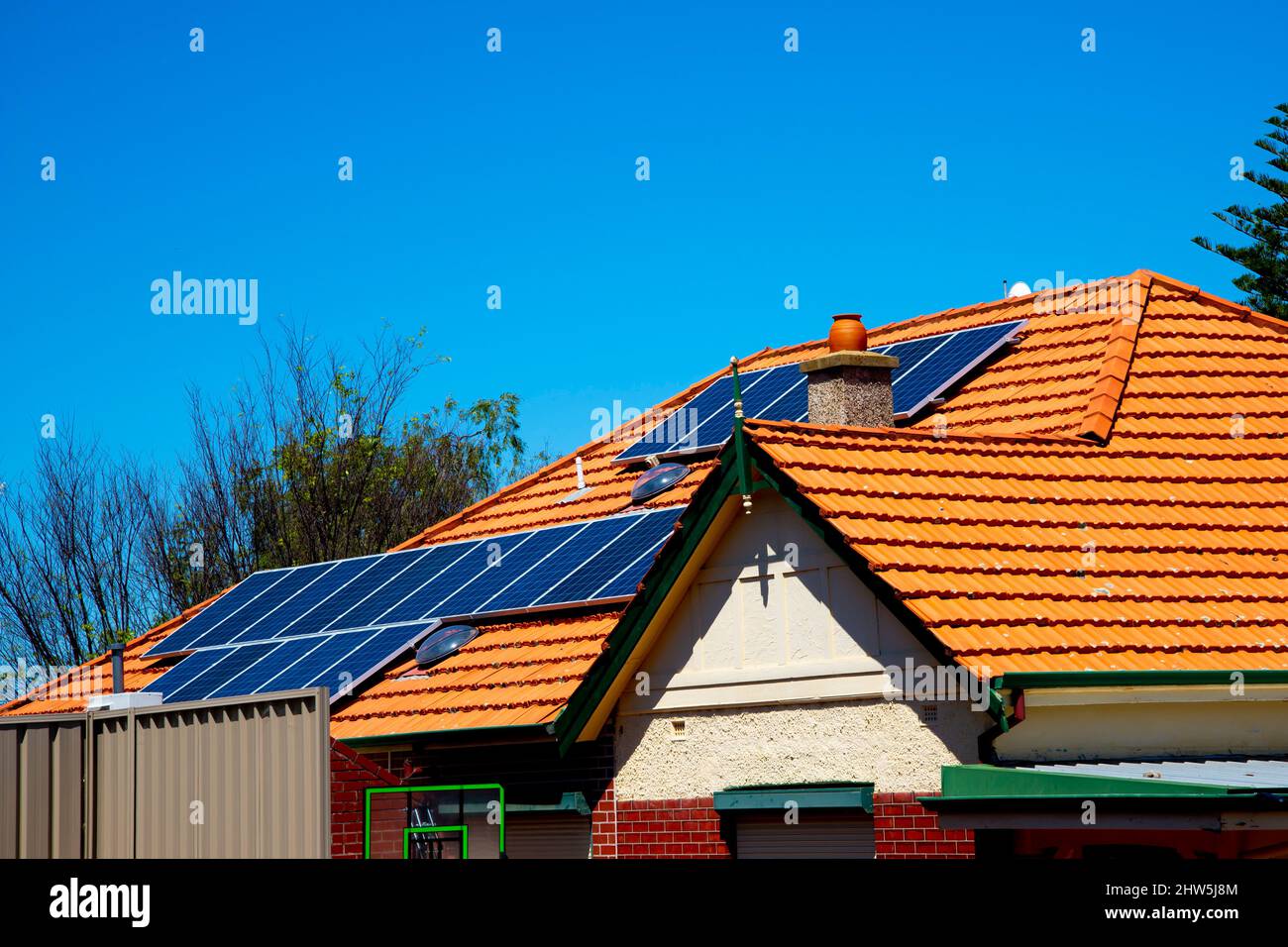 Residential Solar Panels on House Roof Stock Photo
