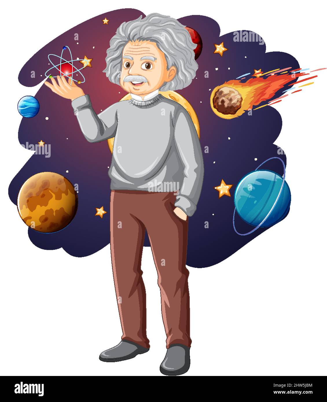 Albert Einstein cartoon character on space background illustration Stock  Vector Image & Art - Alamy