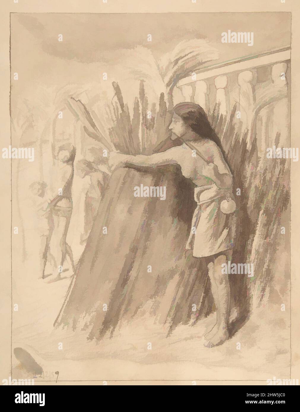 Art inspired by Miriam Watching the Finding of Moses in the Bulrushes, 1859, Pen and brown ink, brush and brown wash, over graphite, sheet: 10 x 8 7/16 in. (25.4 x 21.5 cm), Drawings, Simeon Solomon (British, London 1840–1905 London), As the youngest child in a Jewish family of three, Classic works modernized by Artotop with a splash of modernity. Shapes, color and value, eye-catching visual impact on art. Emotions through freedom of artworks in a contemporary way. A timeless message pursuing a wildly creative new direction. Artists turning to the digital medium and creating the Artotop NFT Stock Photo