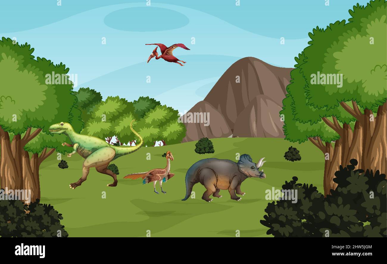 Scene with dinosaurs in the forest illustration Stock Vector Image ...