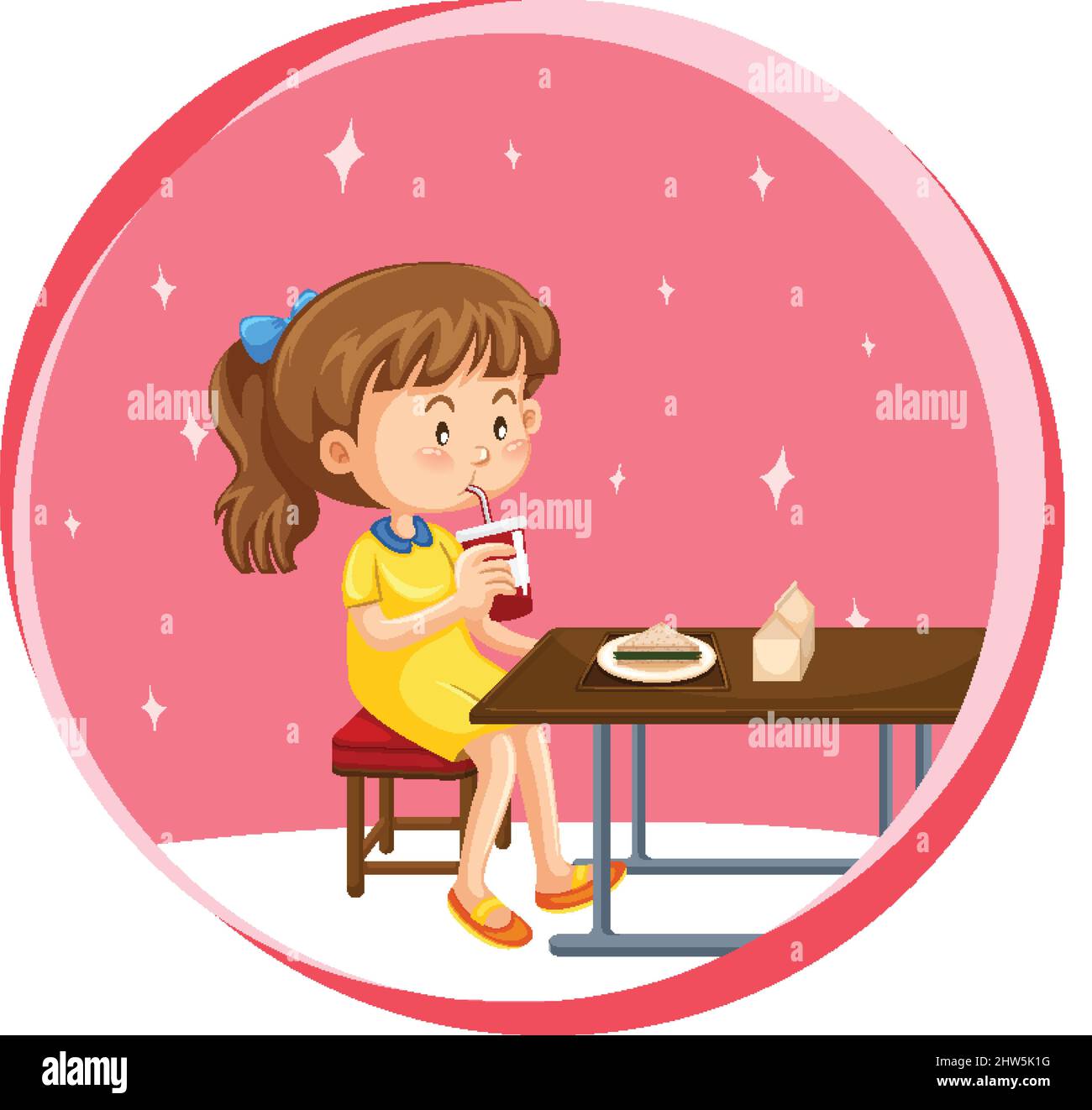 Little girl eating on the table illustration Stock Vector