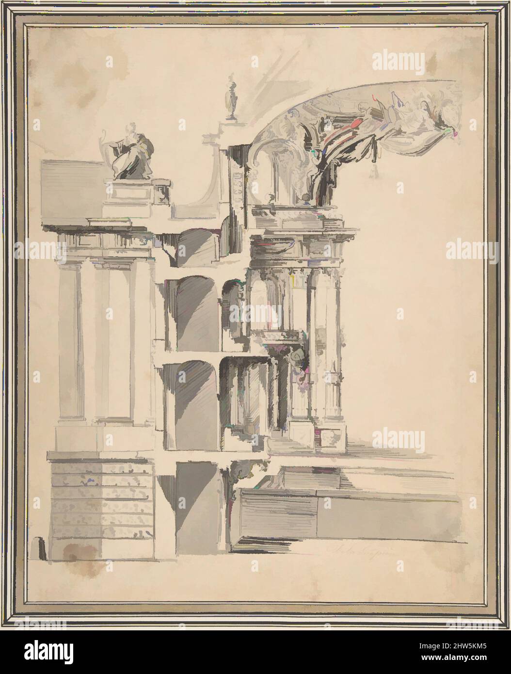 Art inspired by Design for the Proscenium Arch of an Opera house and the Section Adjacent to the Stage, 18th century, Pen and black ink and gray wash, 10 3/16 x 8 1/16 in. (25.8 x 20.5 cm), Drawings, Philippe de La Guêpière (French, ca. 1715–1773 Paris, Classic works modernized by Artotop with a splash of modernity. Shapes, color and value, eye-catching visual impact on art. Emotions through freedom of artworks in a contemporary way. A timeless message pursuing a wildly creative new direction. Artists turning to the digital medium and creating the Artotop NFT Stock Photo