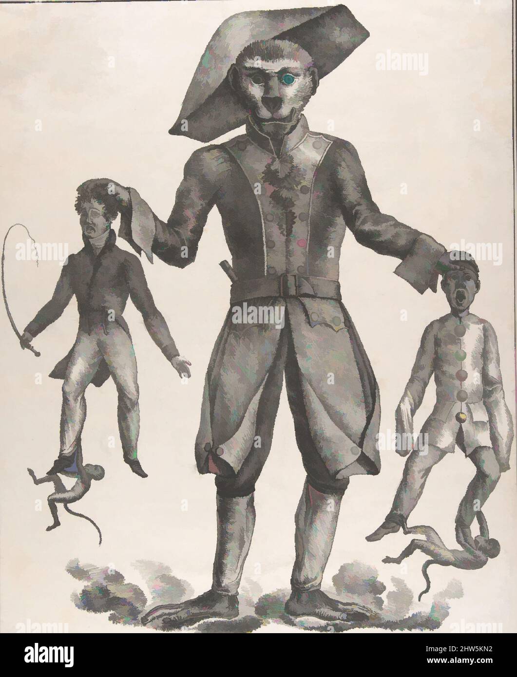 Art inspired by A Giant Monkey in Uniform Holding up Pierrot and a Man with a Whip, after 1825, Lithograph touched with pen and brown ink and graphite, sheet: 21 7/8 x 17 in. (55.5 x 43.2 cm), Prints, Anonymous, French, Austrian or German, second decade19th century, Classic works modernized by Artotop with a splash of modernity. Shapes, color and value, eye-catching visual impact on art. Emotions through freedom of artworks in a contemporary way. A timeless message pursuing a wildly creative new direction. Artists turning to the digital medium and creating the Artotop NFT Stock Photo