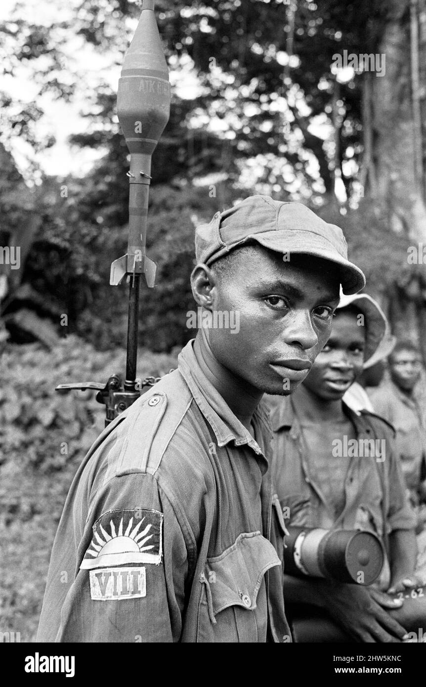 A Biafran soldier seen here during the conflict with rocket propelled  grenade launcher attached to his back, 11th June 1968. The Nigerian Civil  War, also known as the Biafran War endured for