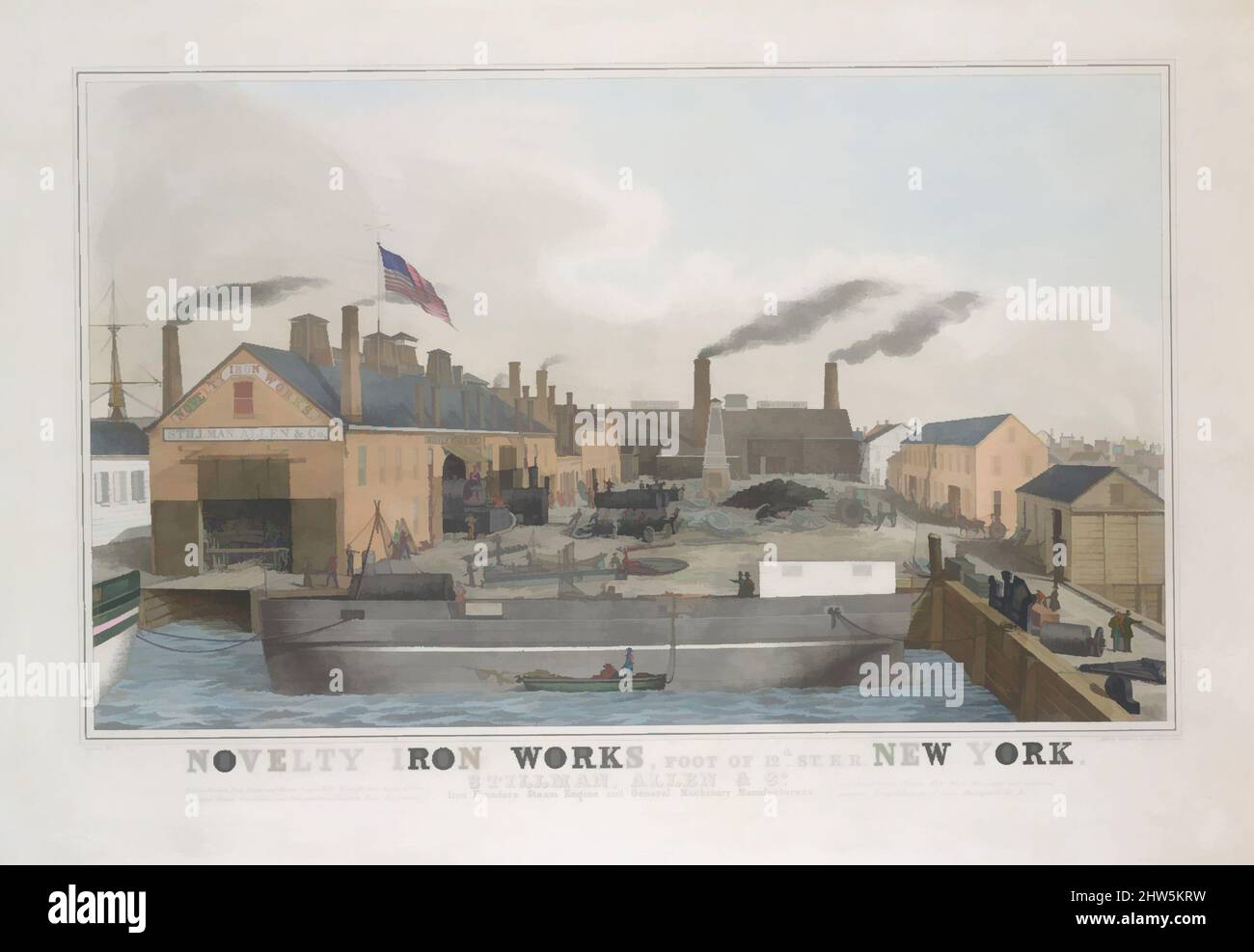 Art inspired by Novelty Iron works, Foot of 12th St. E.R. New York. Stillman, Allen & Co., Iron Founders, Steam Engine and General Machinery Manufacturers, 1841–44, Lithograph printed in colors with hand-coloring, image: 18 15/16 x 31 1/4 in. (48.1 x 79.4 cm), John Penniman (American, Classic works modernized by Artotop with a splash of modernity. Shapes, color and value, eye-catching visual impact on art. Emotions through freedom of artworks in a contemporary way. A timeless message pursuing a wildly creative new direction. Artists turning to the digital medium and creating the Artotop NFT Stock Photo