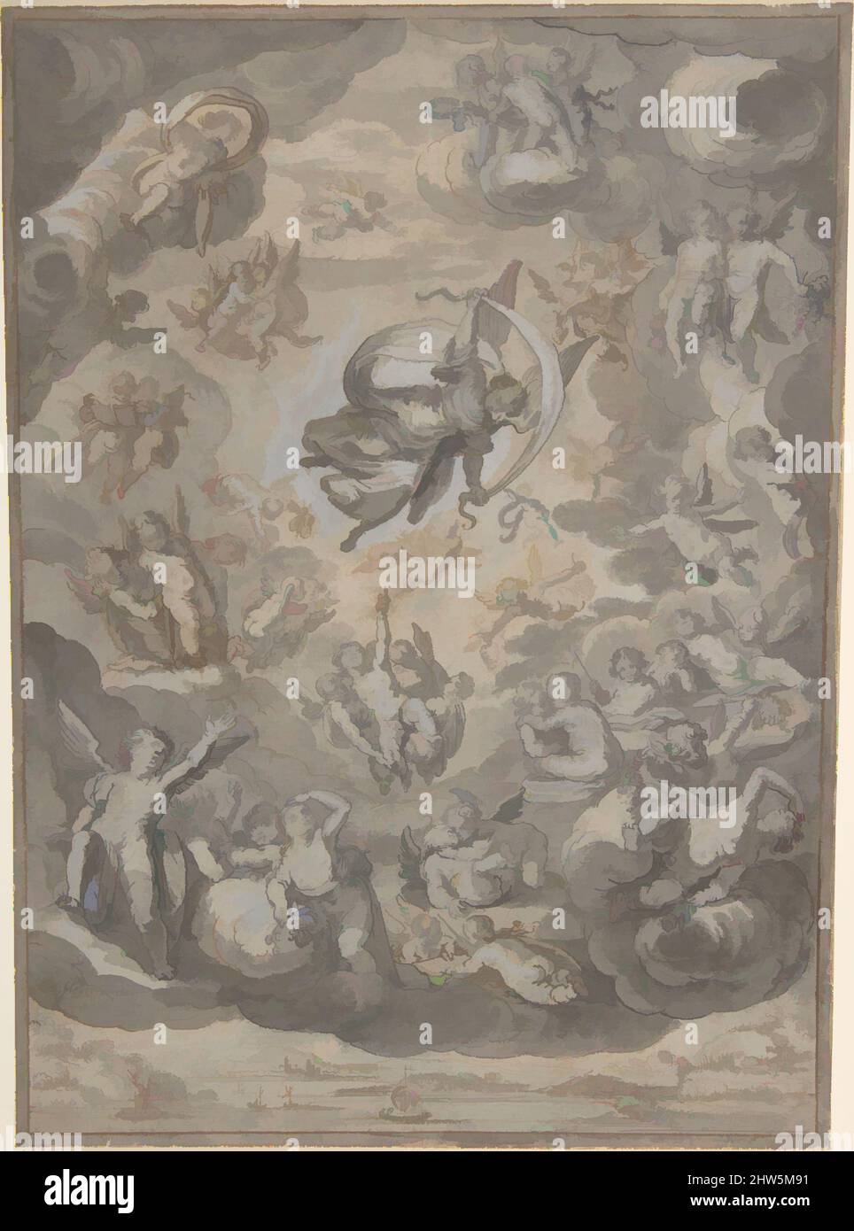 Art inspired by Flying Putti, Surrounding Archangel Raphael, 1631–32, Pen and brown and black ink, gray and brown wash, heightened in white, sheet: 8 5/8 x 6 7/16 in. (21.9 x 16.3 cm), Drawings, Conrad Meyer (Swiss, Zürich 1618–1689 Zürich, Classic works modernized by Artotop with a splash of modernity. Shapes, color and value, eye-catching visual impact on art. Emotions through freedom of artworks in a contemporary way. A timeless message pursuing a wildly creative new direction. Artists turning to the digital medium and creating the Artotop NFT Stock Photo