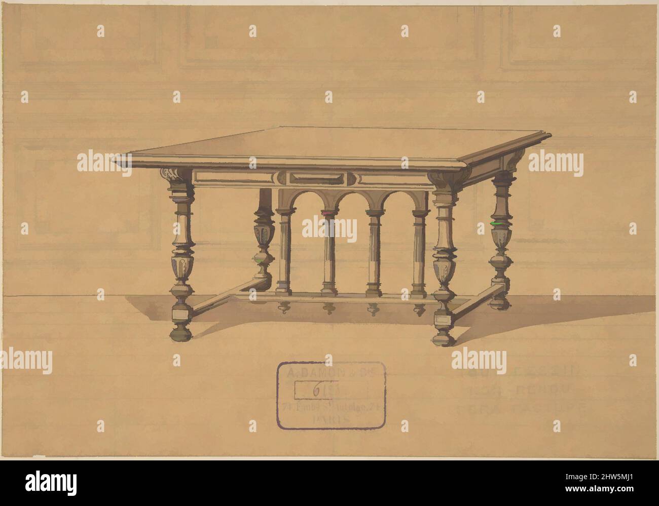 Art inspired by Design for a Table, 19th century, Graphite, pen and black ink, brush and brown ink, 6 7/16 x 9 5/16 in. (16.4 x 23.7 cm), Drawings, Anonymous, French, 19th century, Classic works modernized by Artotop with a splash of modernity. Shapes, color and value, eye-catching visual impact on art. Emotions through freedom of artworks in a contemporary way. A timeless message pursuing a wildly creative new direction. Artists turning to the digital medium and creating the Artotop NFT Stock Photo