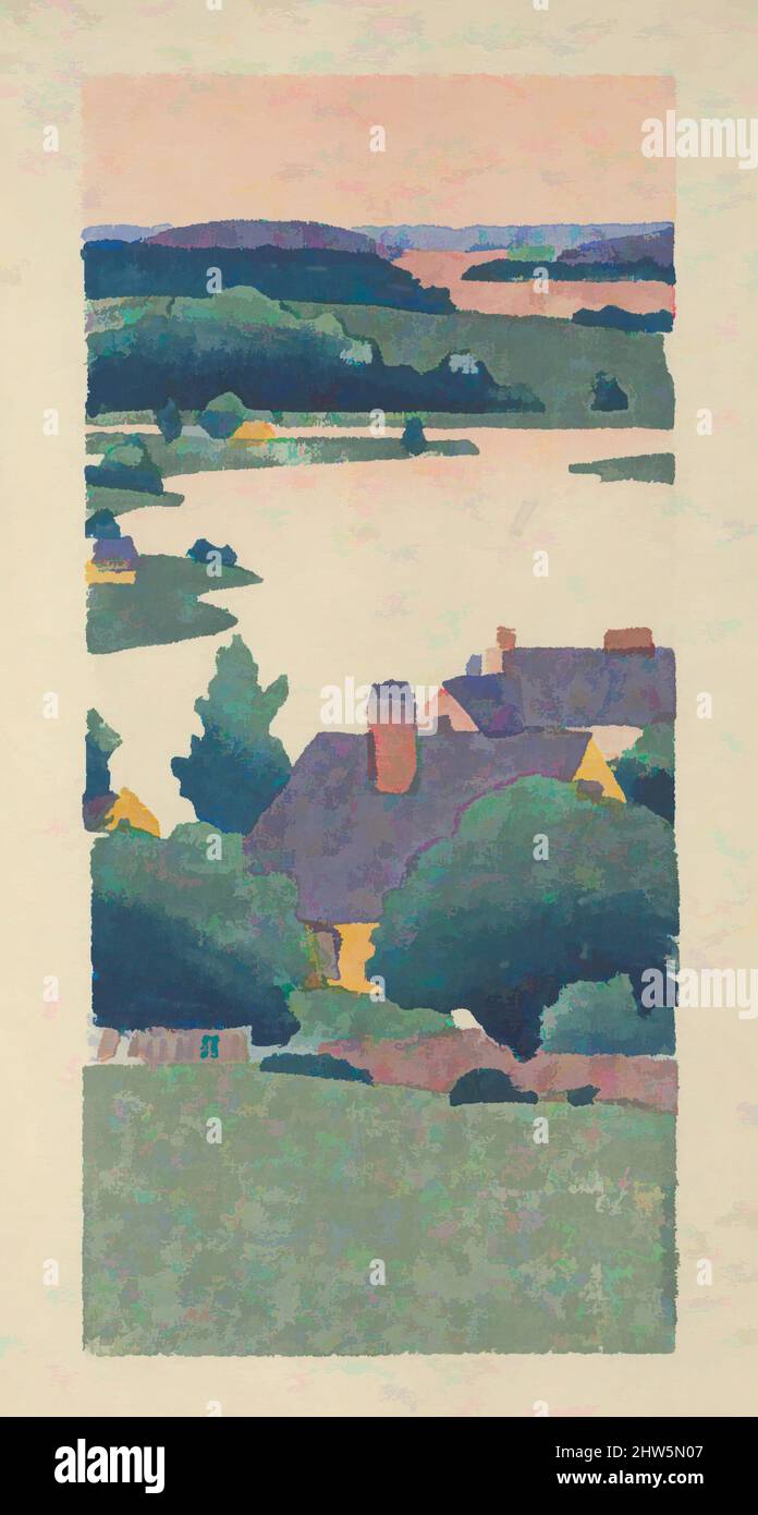 Art inspired by View of Ipswich, or A Bend in the River, ca. 1895, Color woodcut, image: 5 x 2 5/16 in. (12.7 x 5.9 cm), Prints, Arthur Wesley Dow (American, Ipswich, Massachusetts 1857–1922 New York State), Part of a series titled 'Along Ipswich River,' this upright composition echoes, Classic works modernized by Artotop with a splash of modernity. Shapes, color and value, eye-catching visual impact on art. Emotions through freedom of artworks in a contemporary way. A timeless message pursuing a wildly creative new direction. Artists turning to the digital medium and creating the Artotop NFT Stock Photo