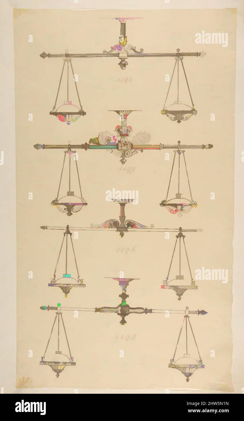 Art inspired by Four Designs for Hanging Light Fixtures, 19th century, Pen and brown ink, sheet: 16 x 9 1/8 in. (40.6 x 23.1 cm), Drawings, Anonymous, French, 19th century, Classic works modernized by Artotop with a splash of modernity. Shapes, color and value, eye-catching visual impact on art. Emotions through freedom of artworks in a contemporary way. A timeless message pursuing a wildly creative new direction. Artists turning to the digital medium and creating the Artotop NFT Stock Photo
