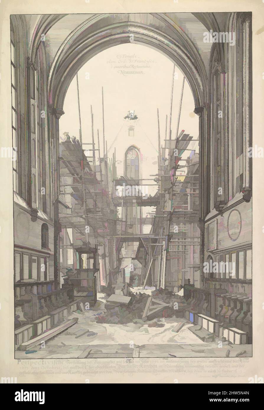 Art inspired by View of the Church of the Franciscans in Nuremberg under Reconstruction, from the series Views of Nuremberg, n.d., Etching; third state, Prints, Johann Ulrich Kraus (German, 1655–1719), Designed by Johann Andreas Graff (German, 1637–1701, Classic works modernized by Artotop with a splash of modernity. Shapes, color and value, eye-catching visual impact on art. Emotions through freedom of artworks in a contemporary way. A timeless message pursuing a wildly creative new direction. Artists turning to the digital medium and creating the Artotop NFT Stock Photo