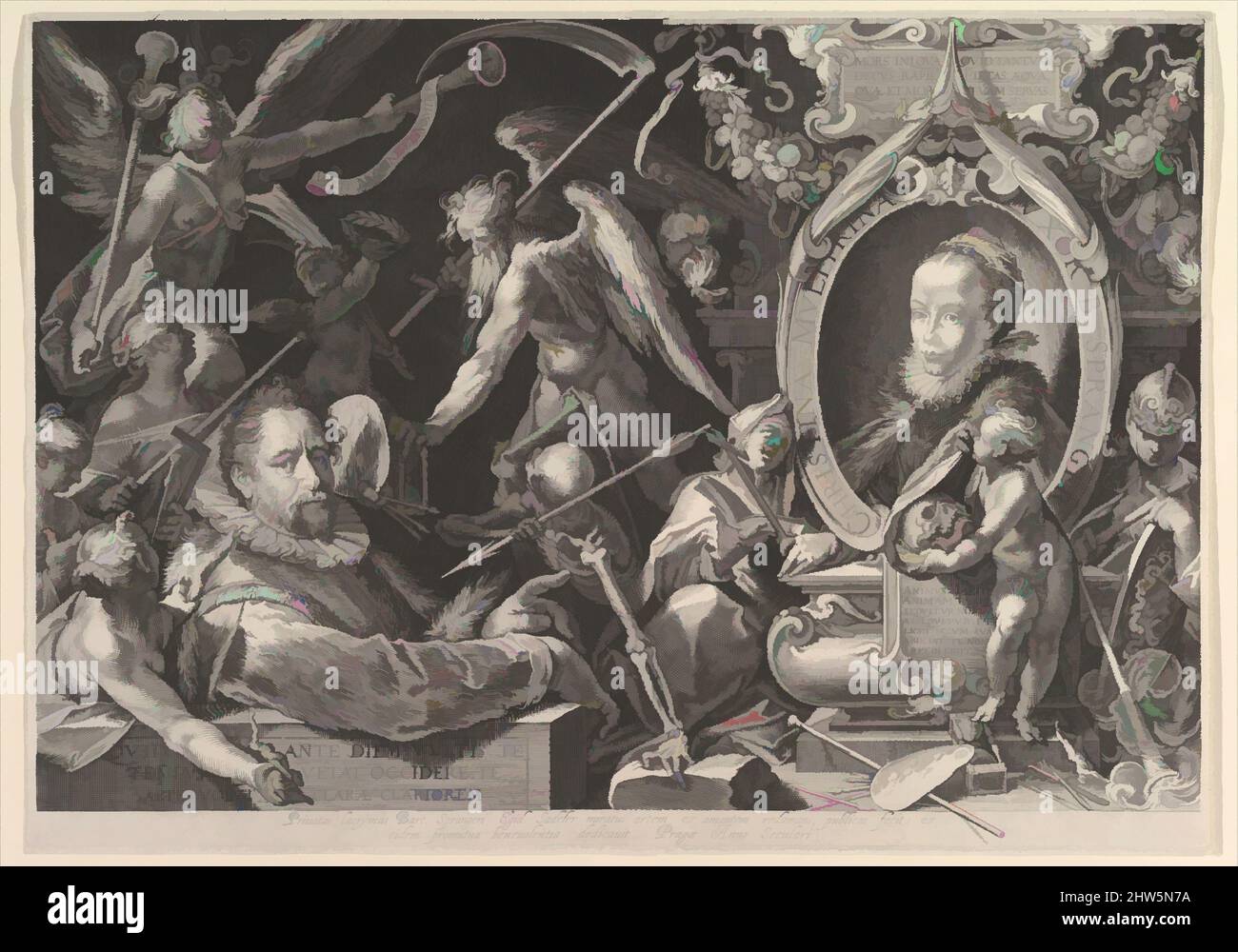 Art inspired by Portrait of Bartholomeus Spranger with an Allegory on the Death of his Wife, Christina Muller, 1600, Engraving; first state of two, sheet: 11 3/4 x 16 9/16 in. (29.9 x 42.1 cm), Prints, Aegidius Sadeler II (Netherlandish, Antwerp 1568–1629 Prague), After Bartholomeus, Classic works modernized by Artotop with a splash of modernity. Shapes, color and value, eye-catching visual impact on art. Emotions through freedom of artworks in a contemporary way. A timeless message pursuing a wildly creative new direction. Artists turning to the digital medium and creating the Artotop NFT Stock Photo