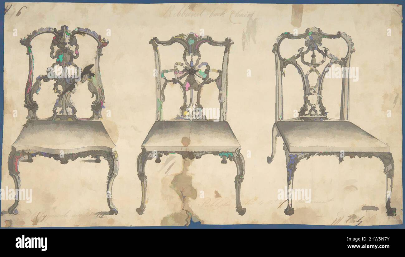 Art inspired by Ribband Back Chairs, mid-18th–late 18th century, Pen and black ink, brush and gray wash, sheet: 7 1/2 x 13 3/8 in. (19.1 x 33.9 cm), Thomas Chippendale (British, baptised Otley, West Yorkshire 1718–1779 London, Classic works modernized by Artotop with a splash of modernity. Shapes, color and value, eye-catching visual impact on art. Emotions through freedom of artworks in a contemporary way. A timeless message pursuing a wildly creative new direction. Artists turning to the digital medium and creating the Artotop NFT Stock Photo